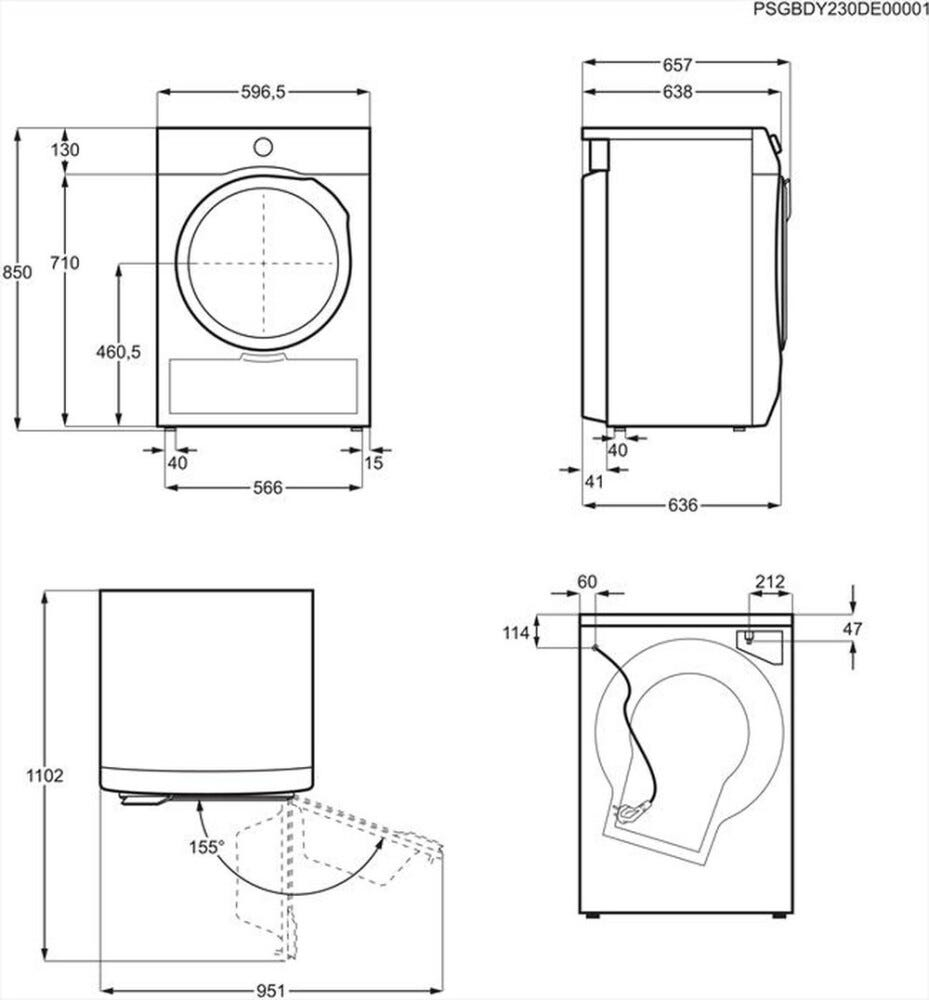 Disegno tecnico di una lavatrice con quote in millimetri da quattro diverse viste.