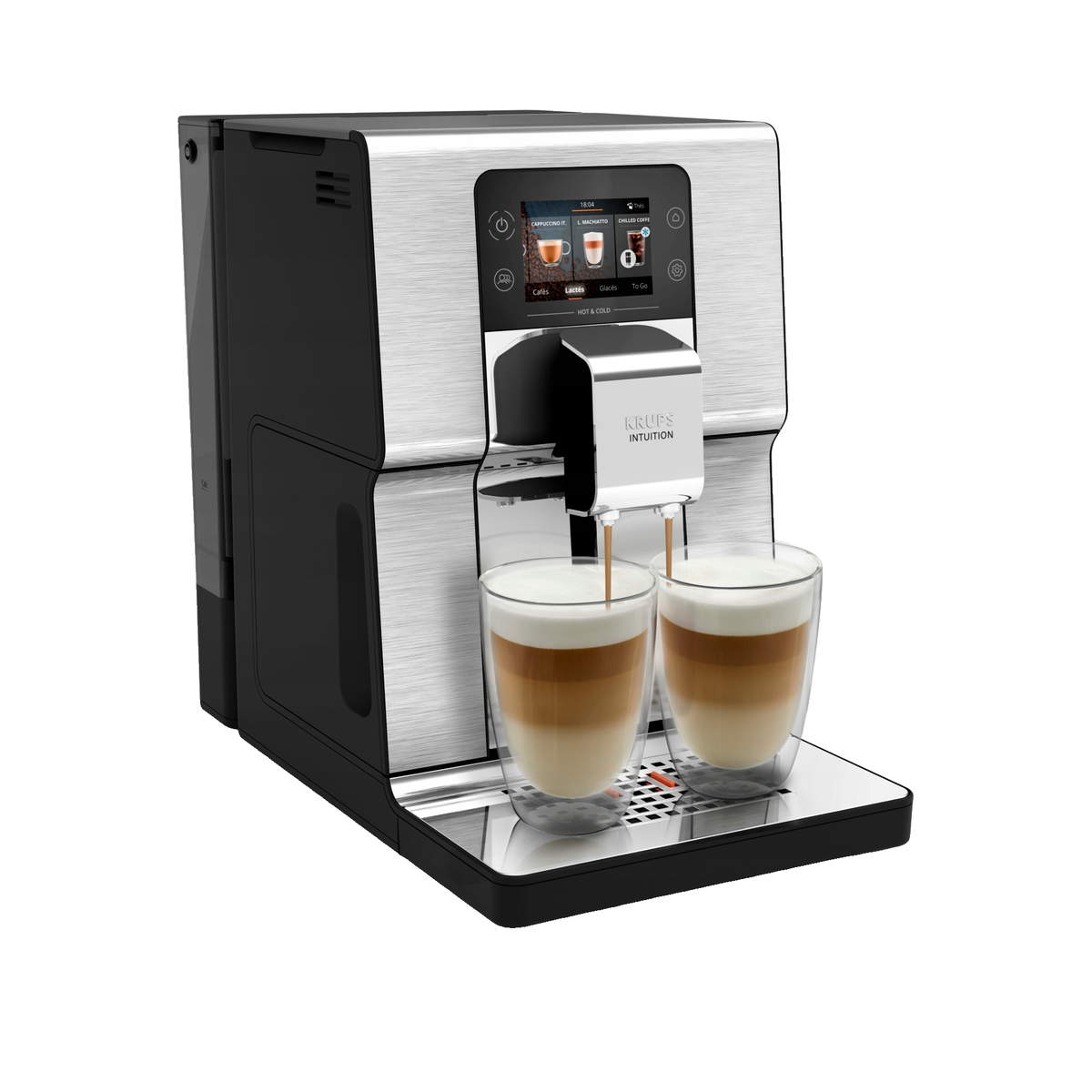 Edelstahl-Kaffeeautomat füllt zwei Gläser mit geschichteten Latte Macchiatos.