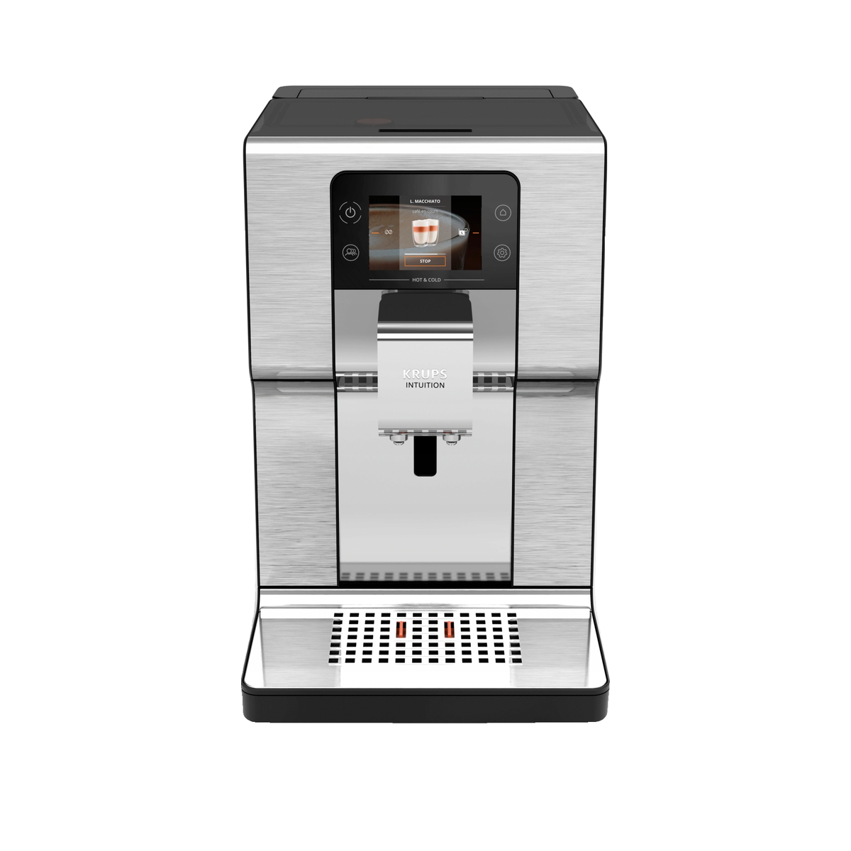 Edelstahl-Kaffeevollautomat von Krups mit digitalem Touch-Display und Abtropfgitter auf weißem Hintergrund.