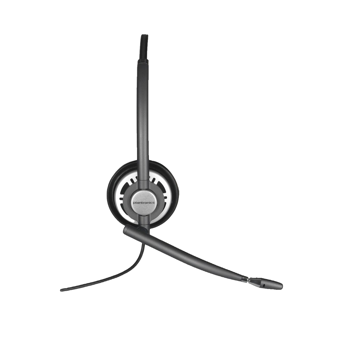 Auricular mono Plantronics negro con asta de micrófono sobre fondo blanco.