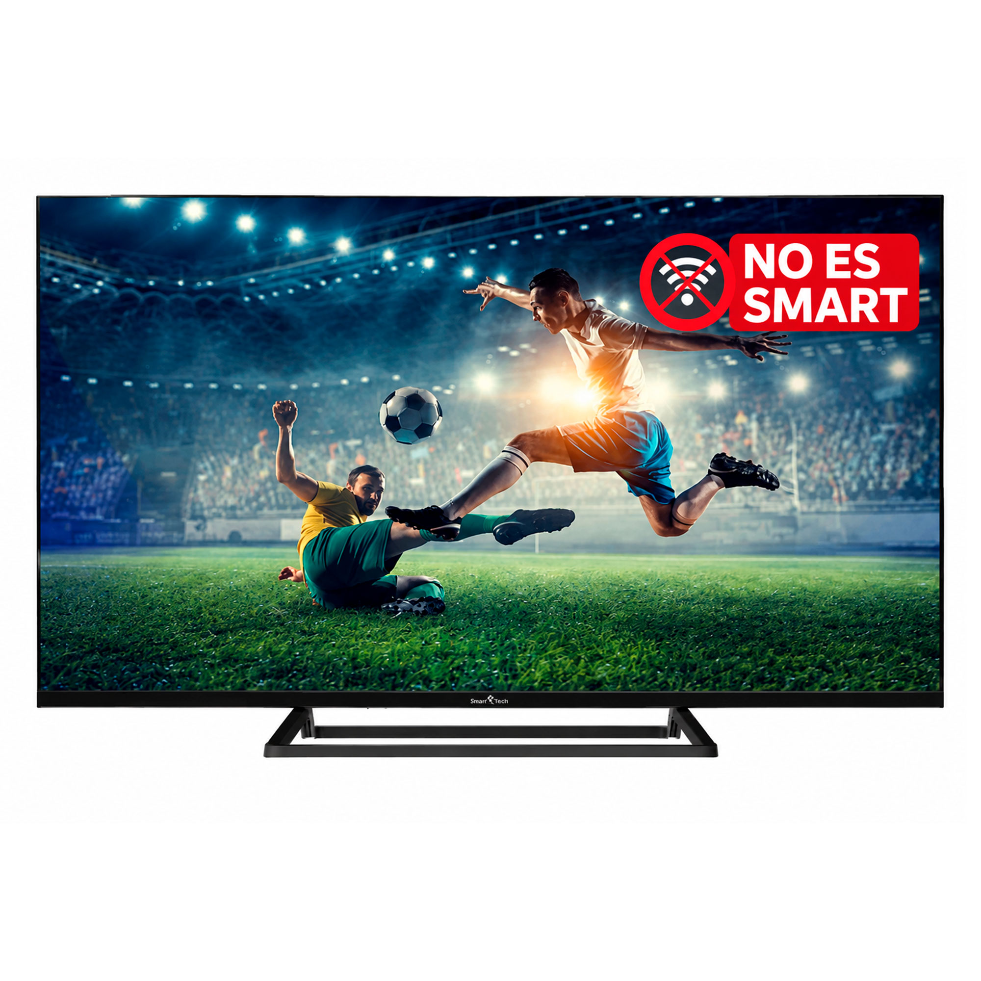 Un televisor que muestra un partido de fútbol con jugadores en el campo y un logotipo No Es Smart.