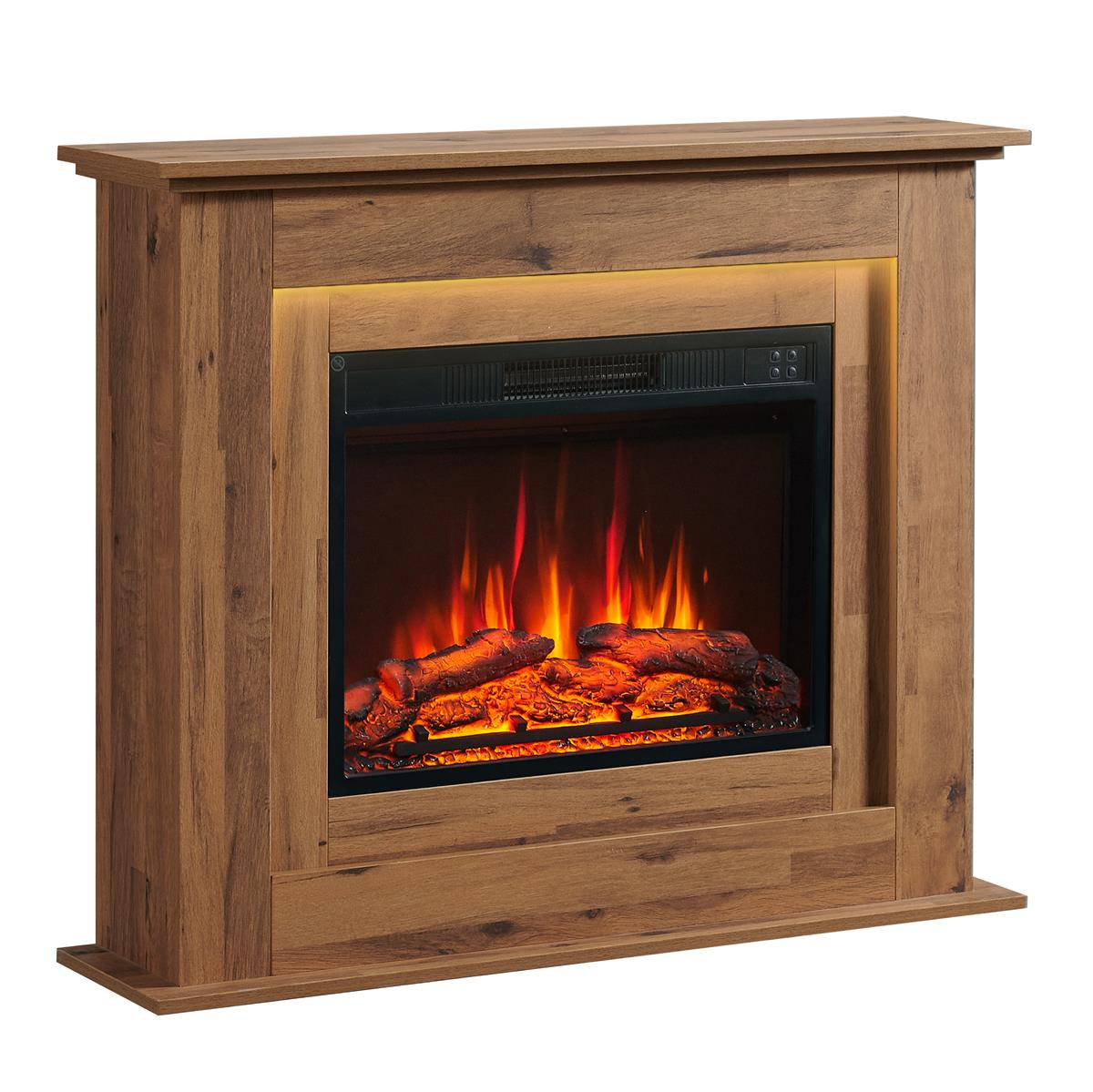 Ein elektrischer Holz-Kamin mit glühenden orangefarbenen Flammen.