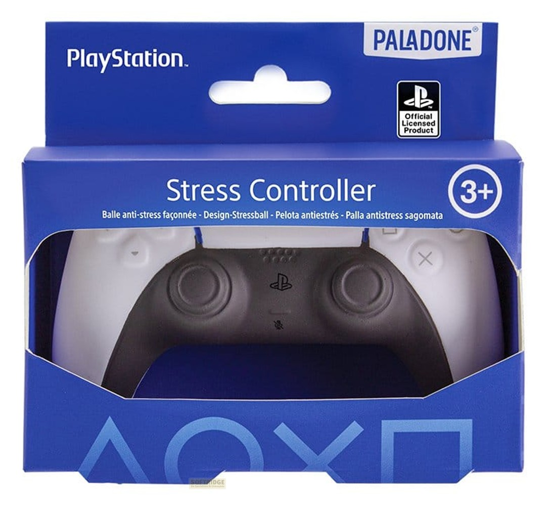 Eine blau-weiße Verpackung für einen PlayStation Stress-Controller mit sichtbarem Inhalt.