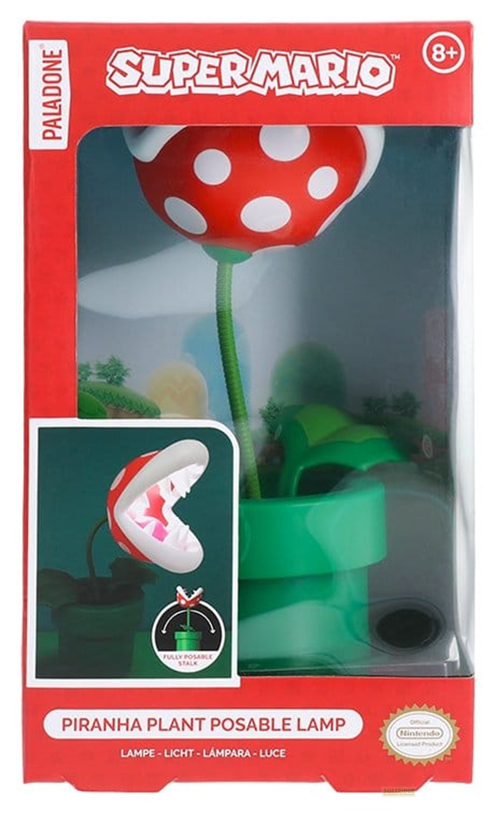 Lampada Pianta Piranha di Super Mario in scatola con tubo verde e testa rossa a pois bianchi.