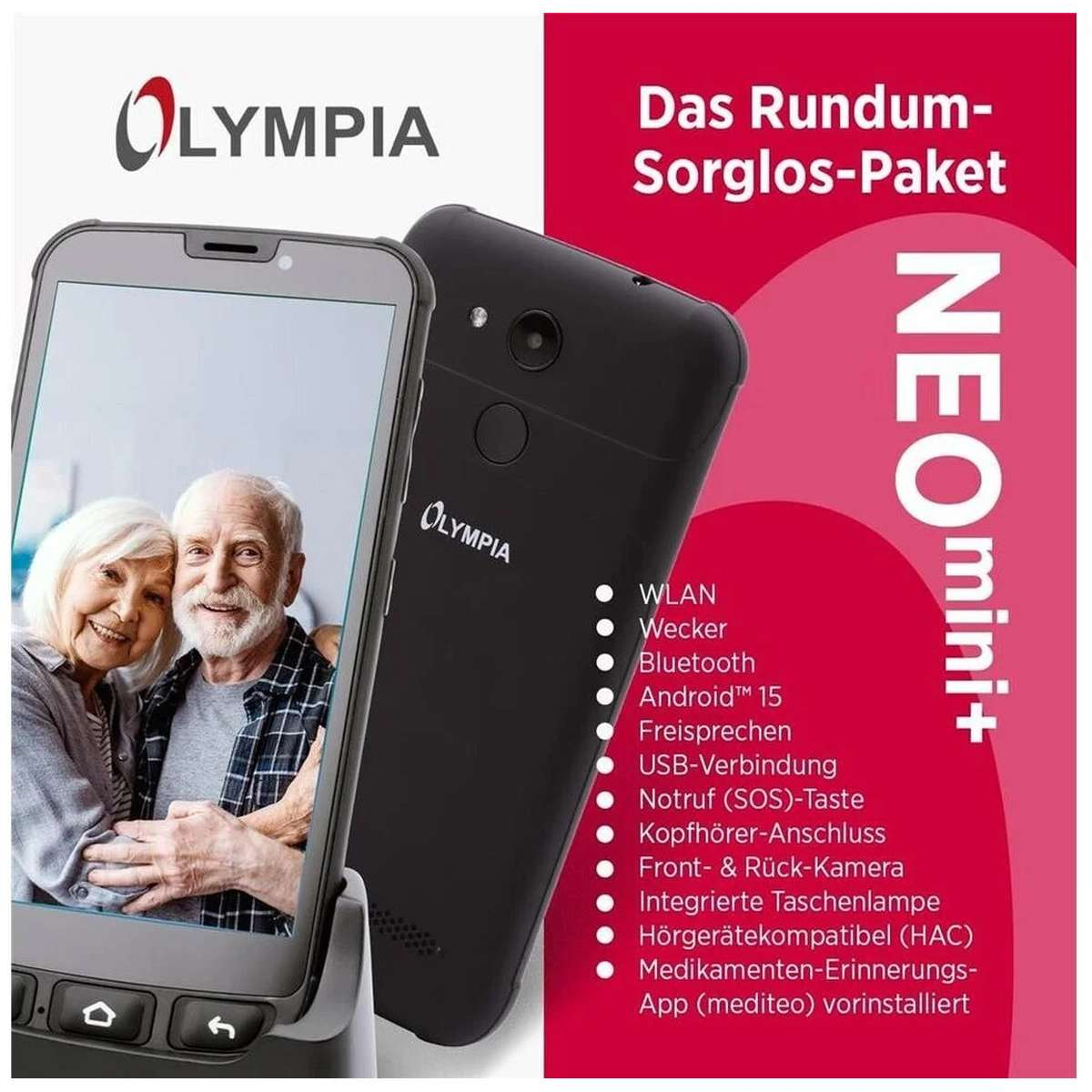 Smartphone per anziani Olympia NEO mini+ con dock di ricarica e funzioni come Wi-Fi e tasto SOS.