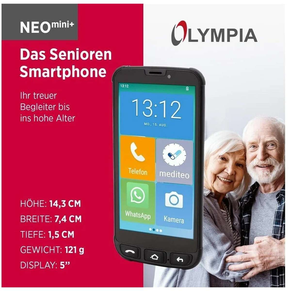 Smartphone per anziani Olympia NEO mini+ su sfondo rosso con dimensioni e una coppia di anziani.