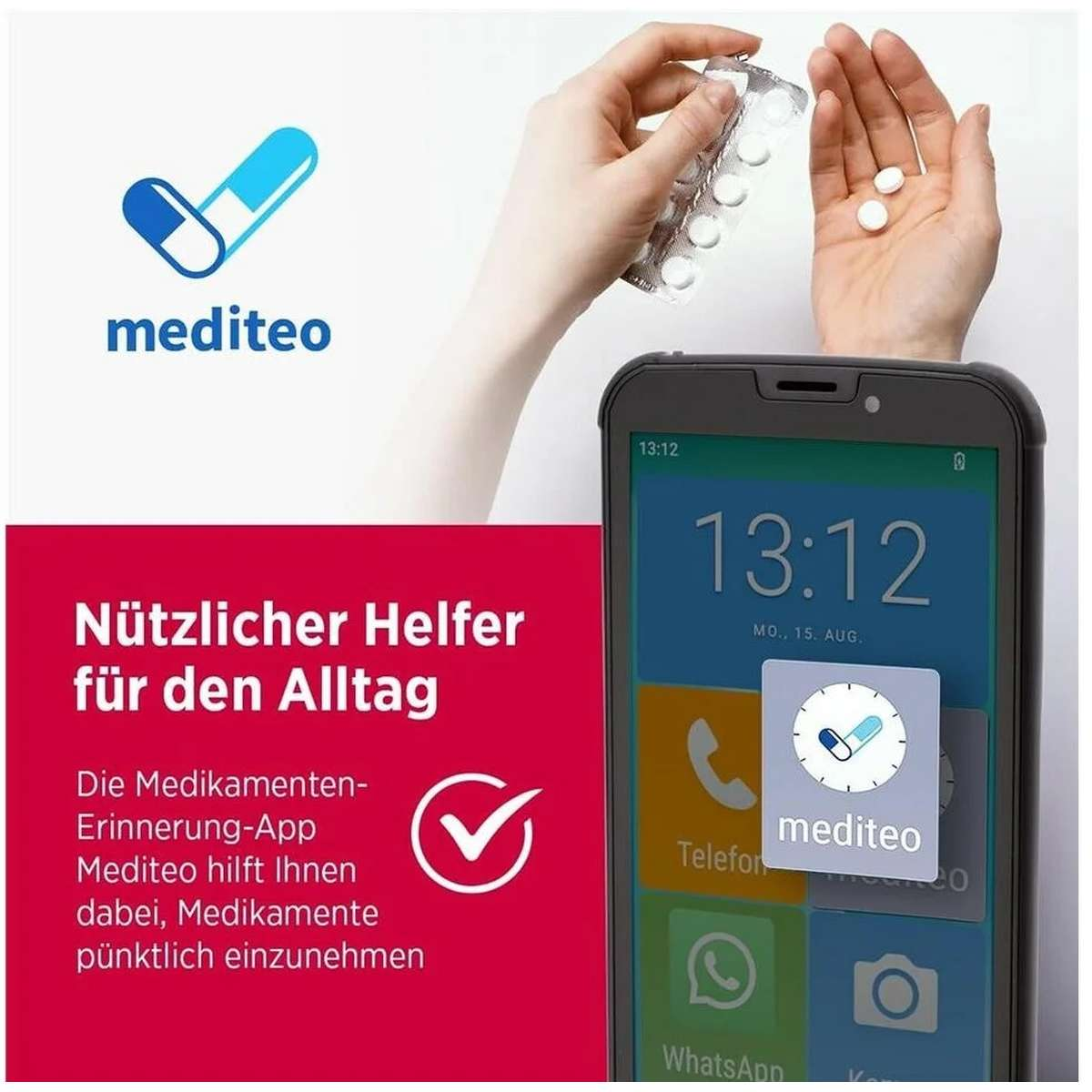 Mani che tengono pillole sopra uno smartphone con l'app per i farmaci mediteo.