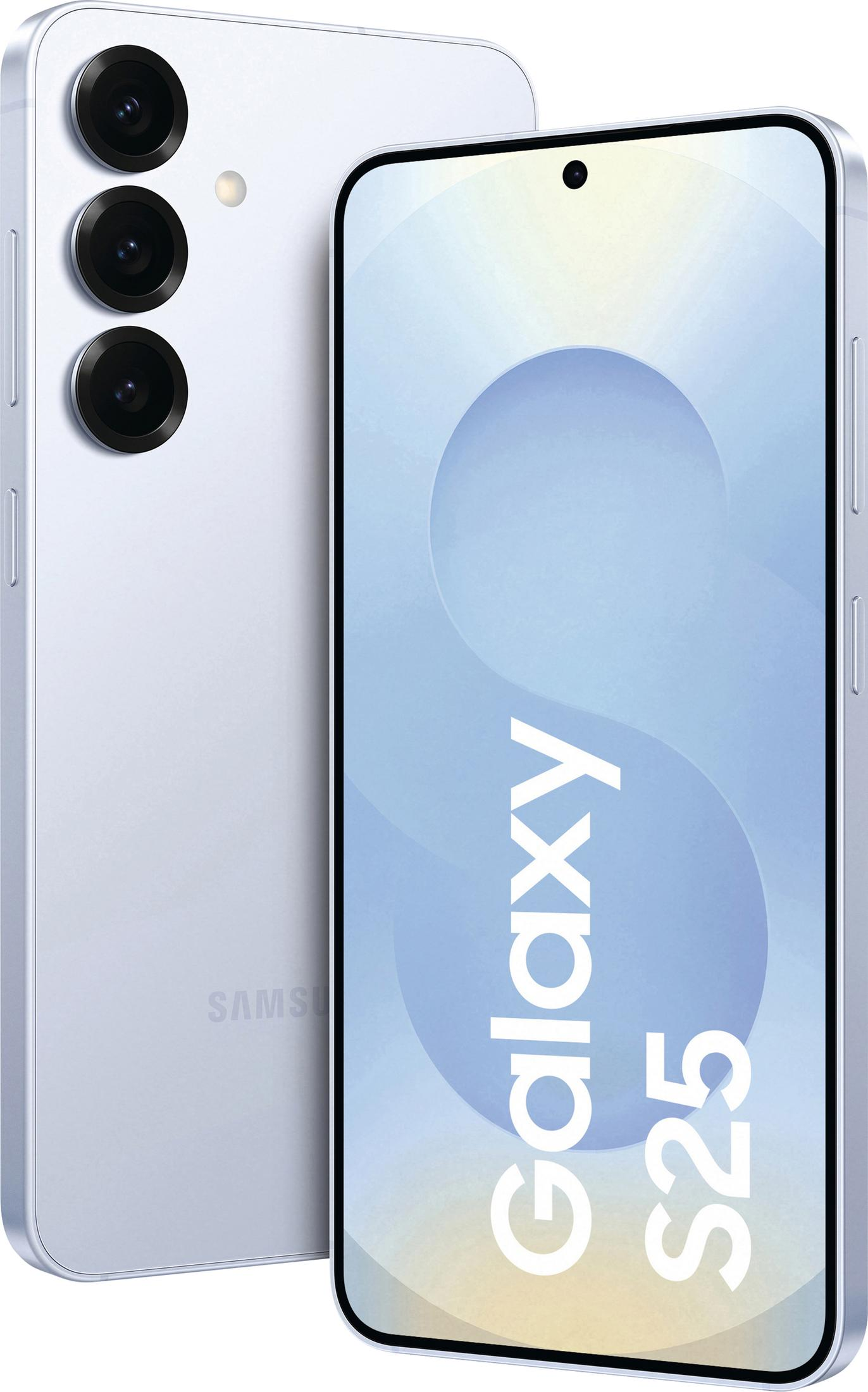 El smartphone Samsung Galaxy S25 con tres cámaras traseras verticales y pantalla azul.