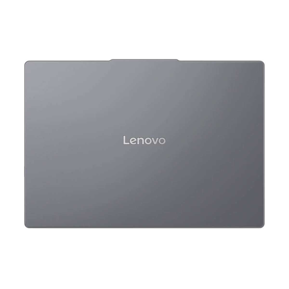 Geschlossener grauer Lenovo-Laptop von oben mit silbernem Logo.