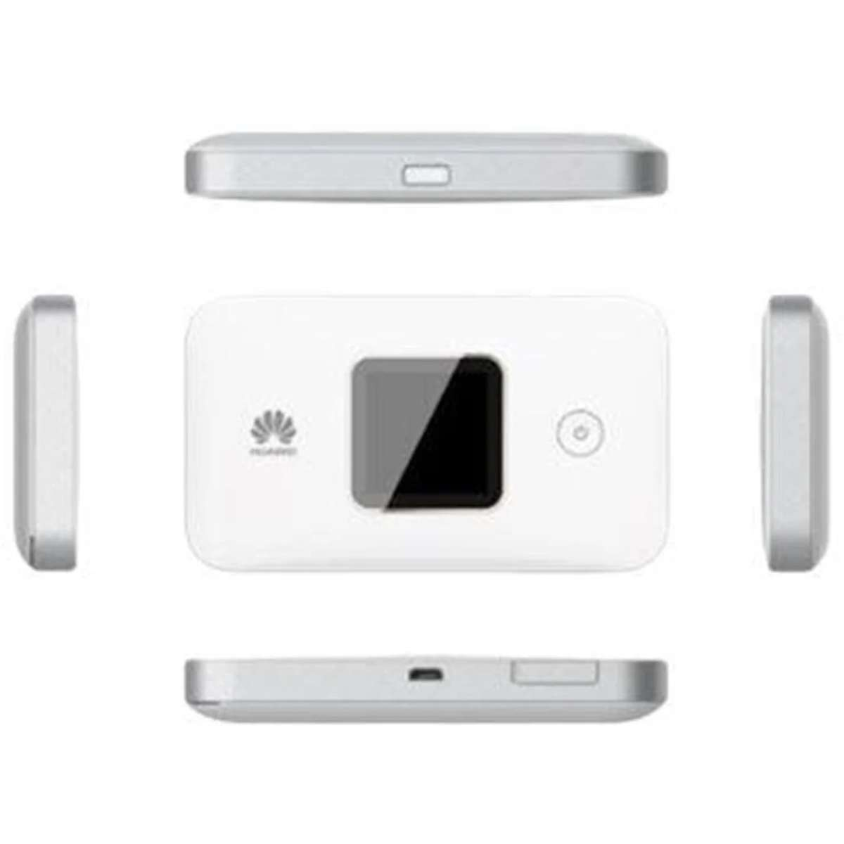 Sechs Ansichten eines kleinen weißen Huawei WLAN-Routers mit Bildschirm und Anschlüssen.