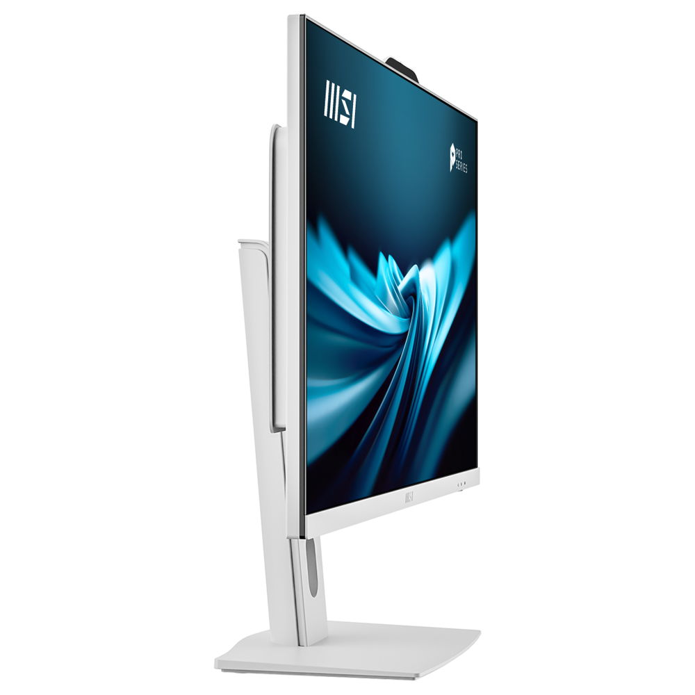 Mavi dalga arka planına sahip beyaz MSI monitörün stand üzerindeki yandan görünümü.