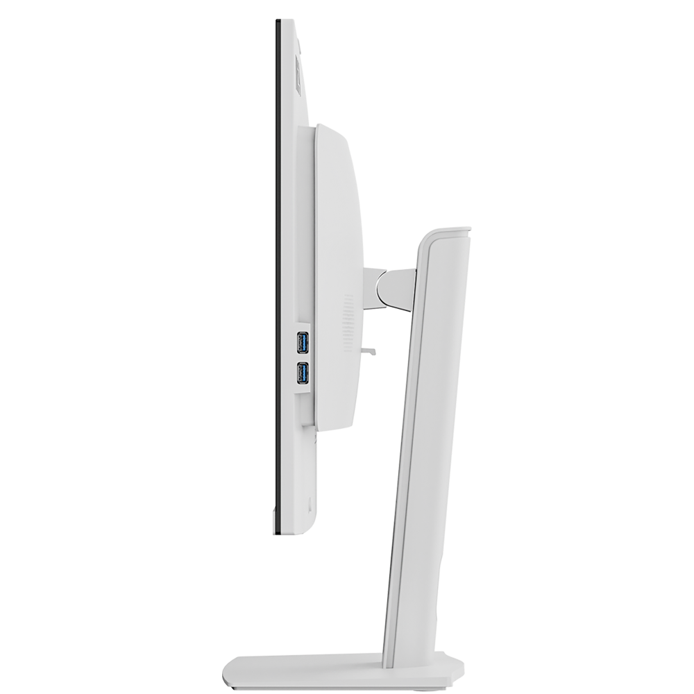 Siyah arka plan üzerinde standı ve iki USB bağlantı noktası olan beyaz bir monitörün yandan görünümü.