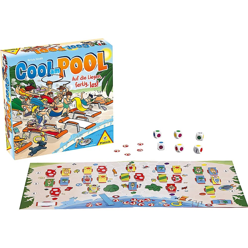 Il gioco da tavolo Cool am Pool con scatola, tabellone, dadi e gettoni.
