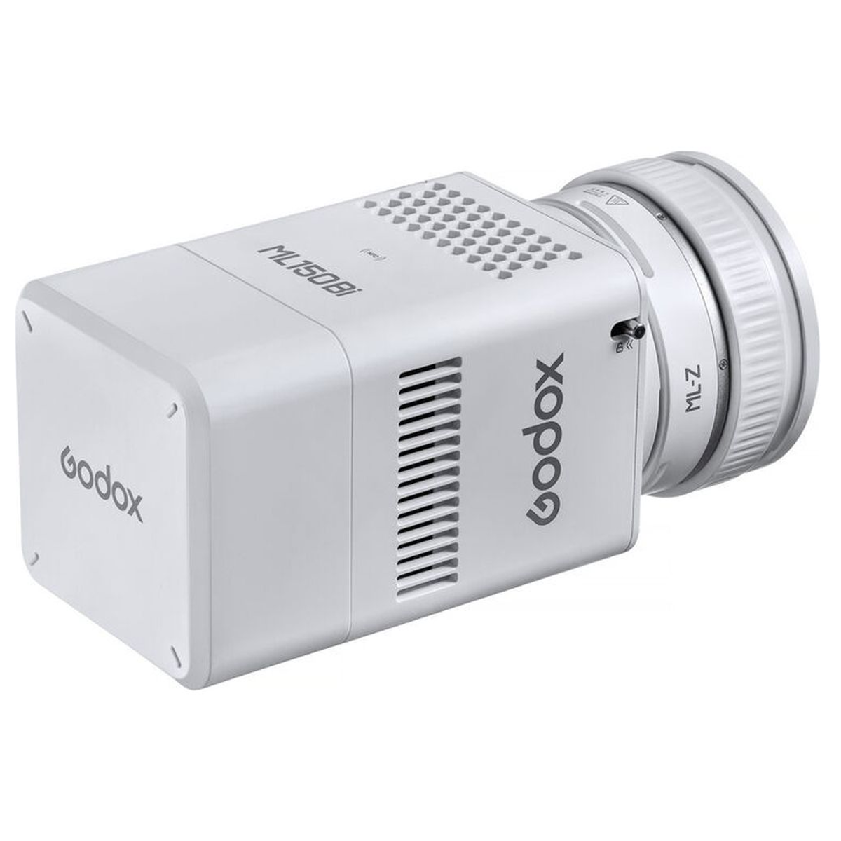 Eine weiße Godox ML150Bi LED-Videoleuchte mit zylindrischem Objektiv auf weißem Hintergrund.