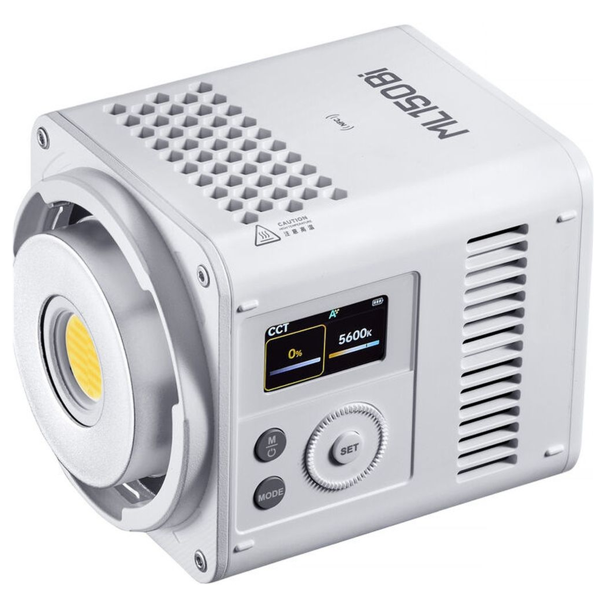 Weiße tragbare LED-Leuchte mit Display, Steuerrad und gelber COB-LED-Front.
