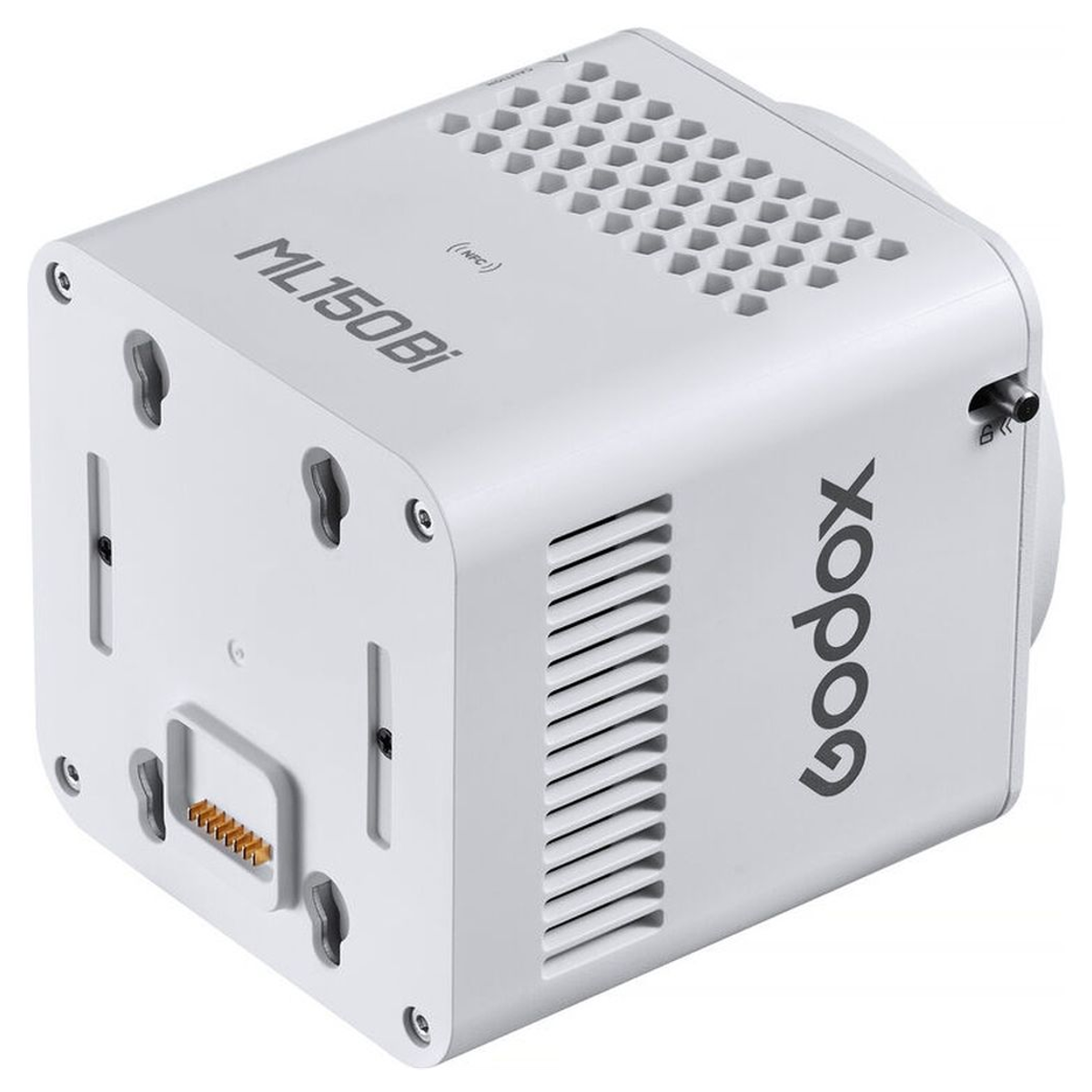 Weißes Godox ML150Bi LED-Lichtgerät mit Belüftungsgittern auf weißem Hintergrund.