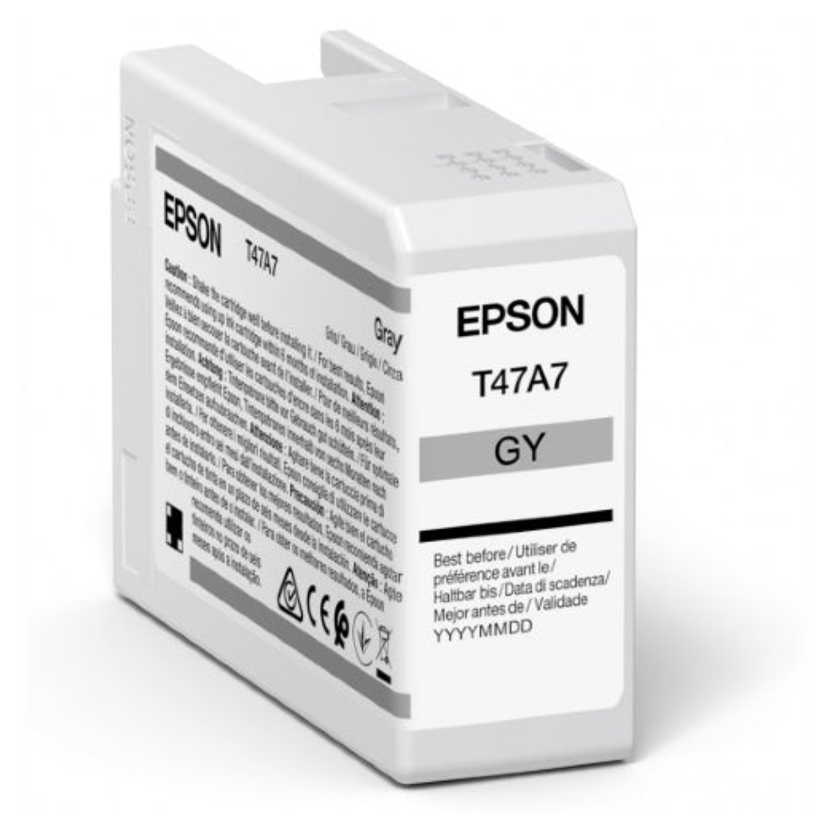 Eine weiße Epson T47A7 Grautintenpatrone mit Produktetikett auf weißem Hintergrund.