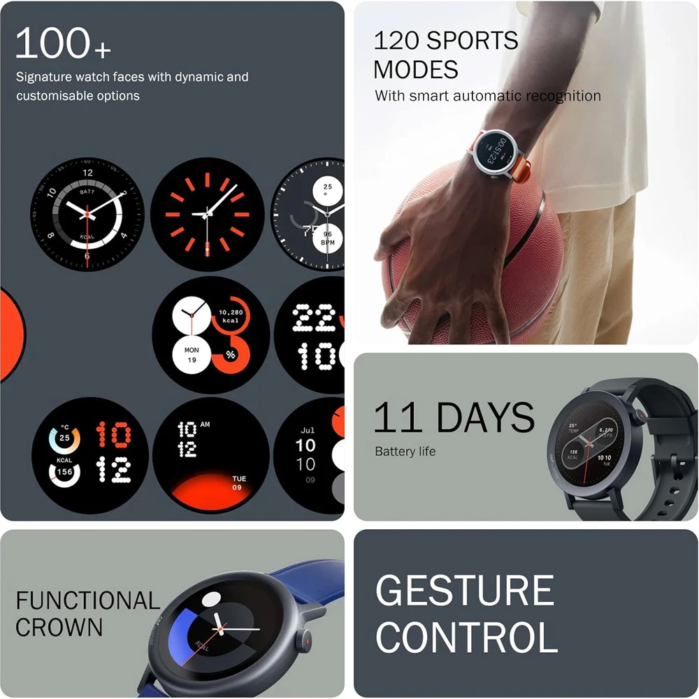 Collage mit Smartwatch-Funktionen wie Zifferblätter, Sportmodi, Akkulaufzeit, Krone und Gestensteuerung.