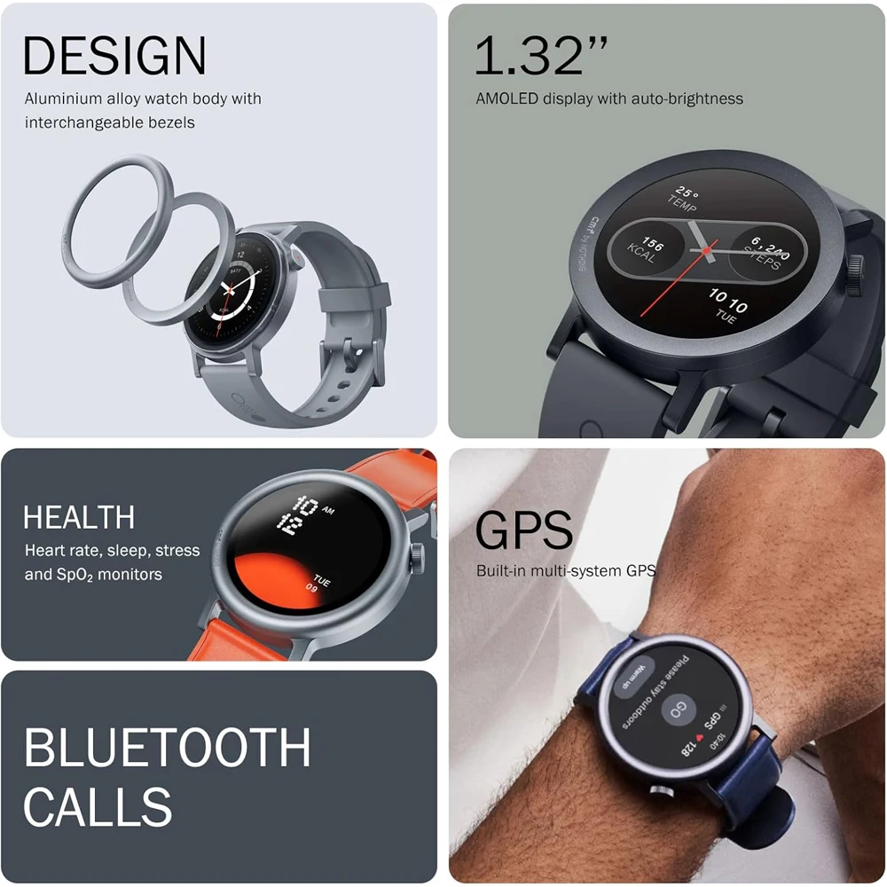 Produktmerkmale einer Smartwatch mit Aluminiumgehäuse, AMOLED-Display, Gesundheits- und GPS-Funktionen.
