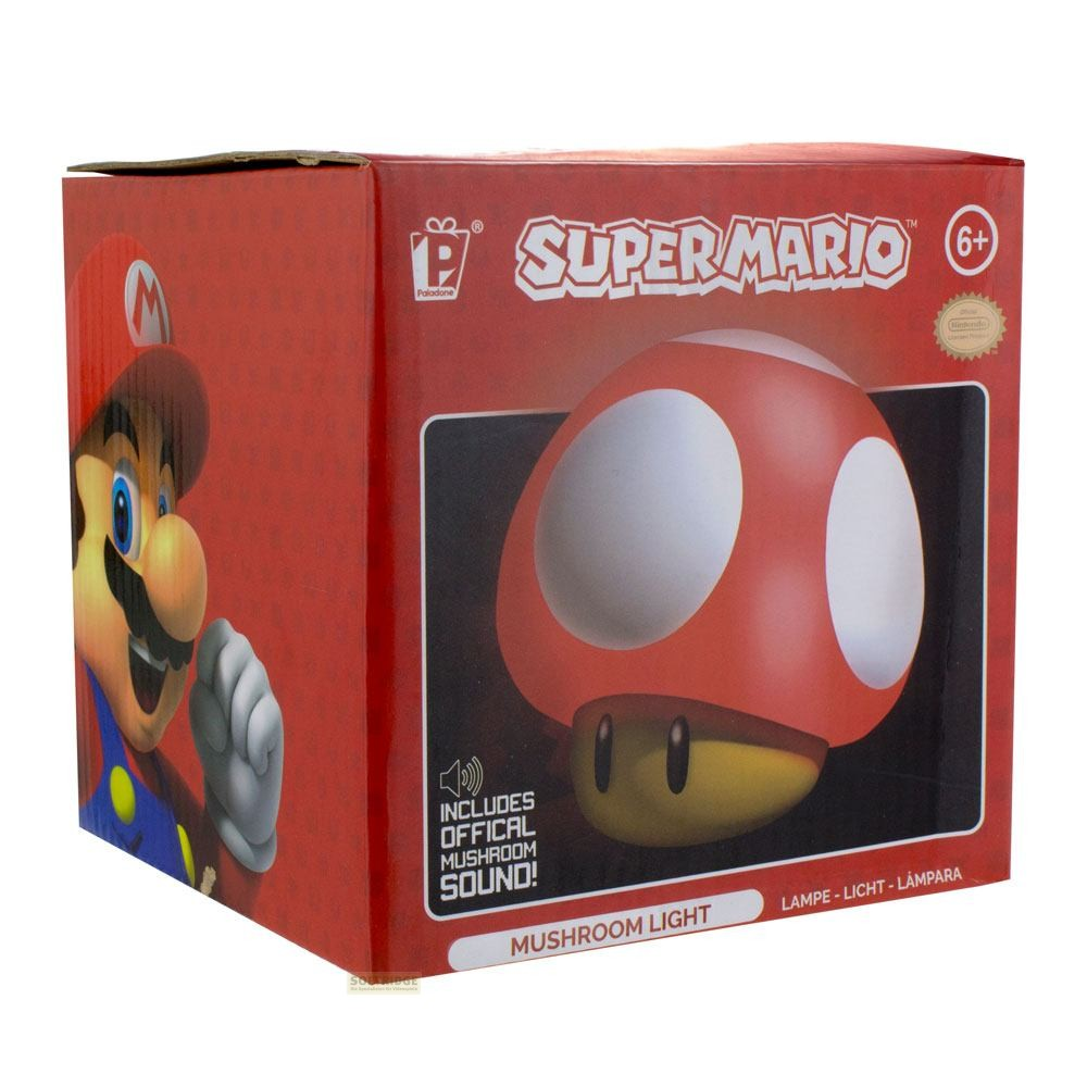 Rote Super Mario Pilz-Lampenverpackung mit Mario-Bild und offizieller Sound-Aufschrift.