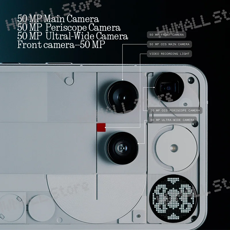Rückseite eines weißen Smartphones mit Kamera-Spezifikationen und integrierten LED-Glyphen.