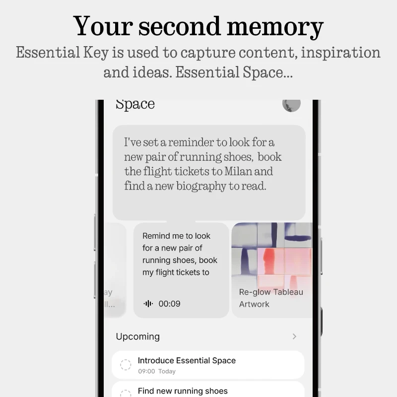 Ein Smartphone zeigt eine Notizen-App namens Essential Space mit Erinnerungen und Textblasen.