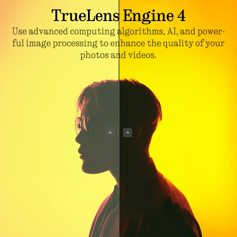 Vorher-Nachher-Vergleich der Silhouette einer Person vor gelbem Hintergrund, der TrueLens Engine 4 zeigt.