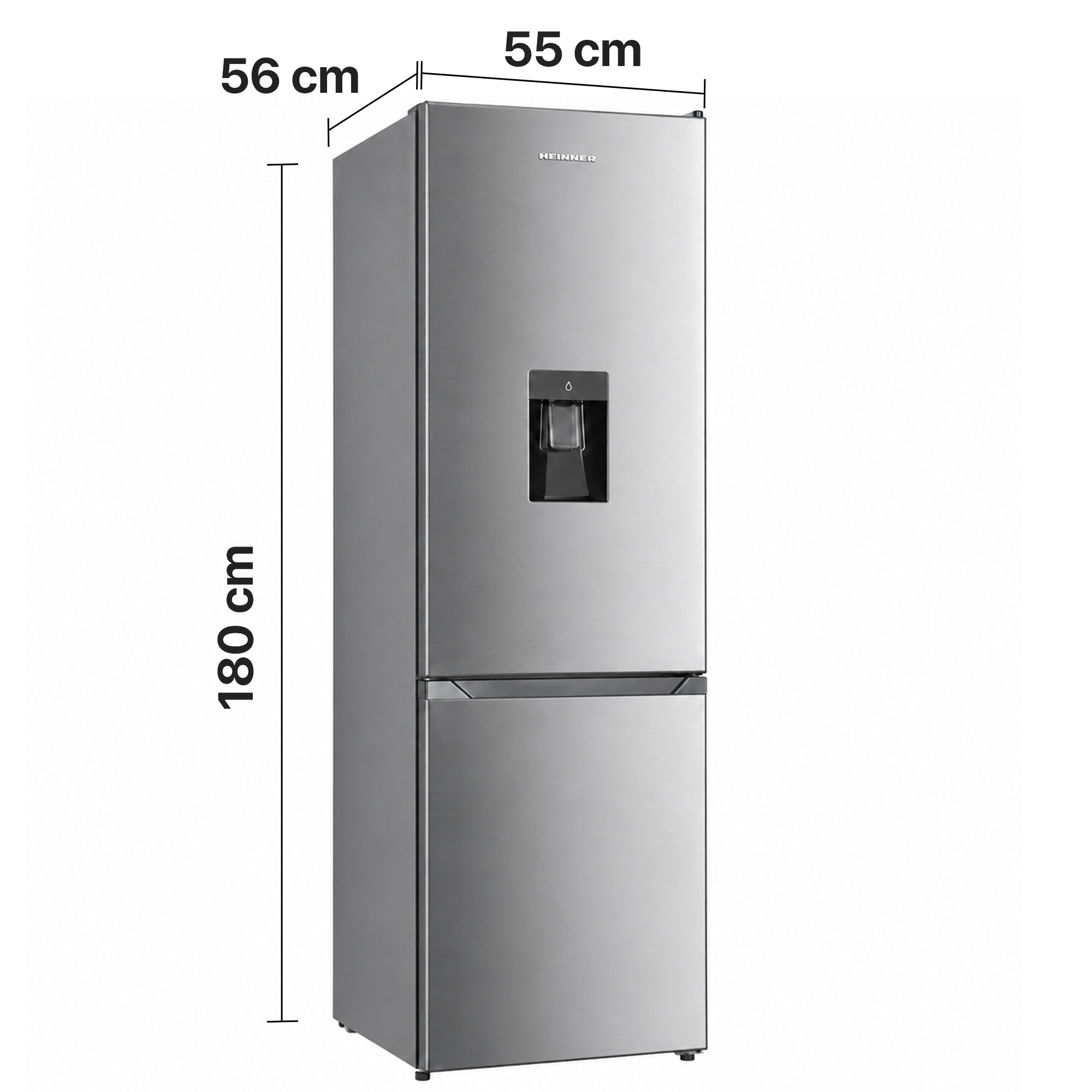 Silberner Heinner Kühlschrank mit den Maßen 180x55x56 cm und integriertem Wasserspender.