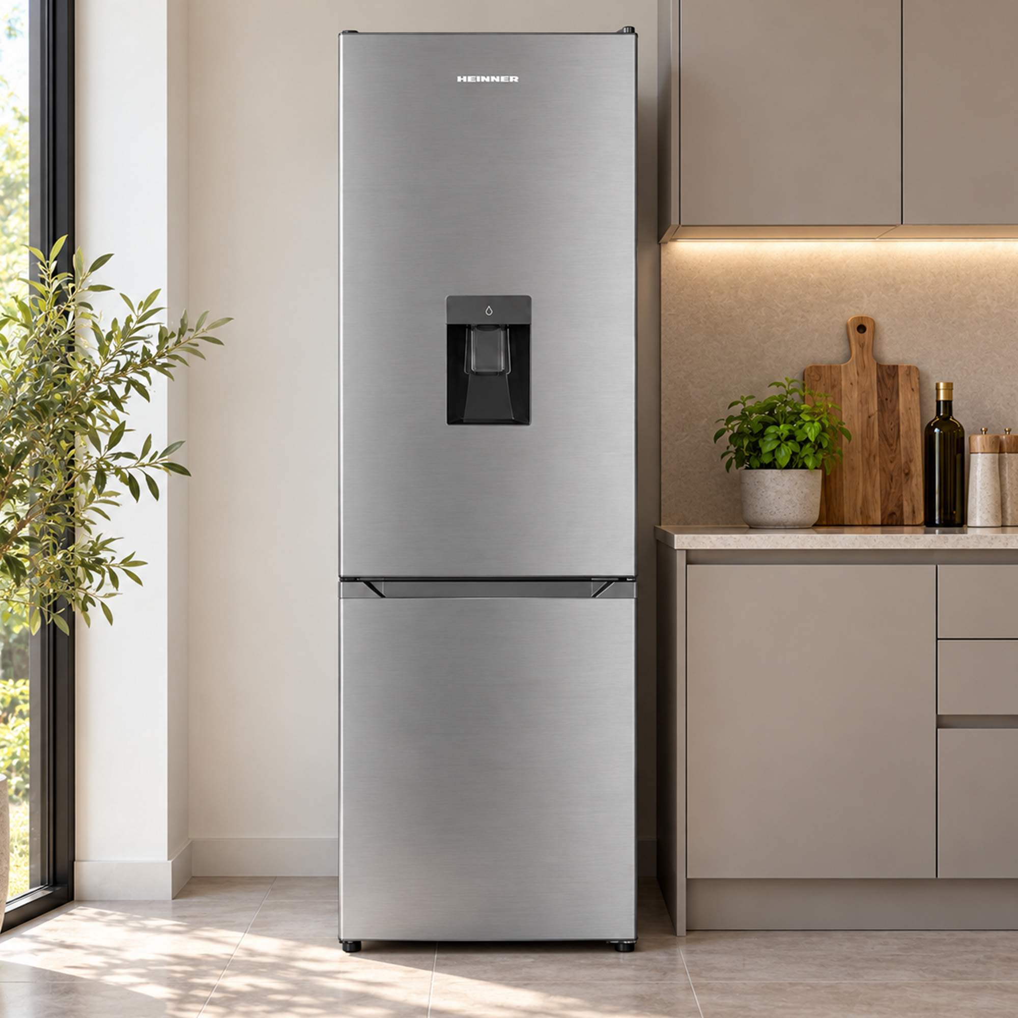 Silberner Heinner-Kühlschrank mit Wasserspender in einer modernen Küche mit Pflanzen und Schränken.