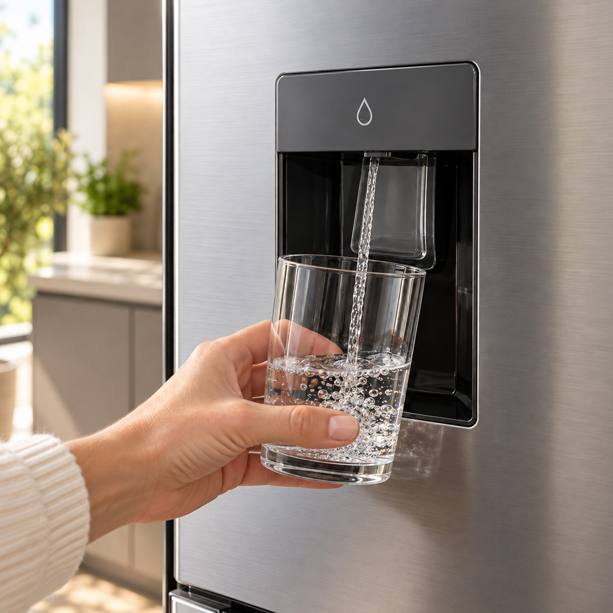 Eine Hand hält ein Glas, das von einem Edelstahl-Kühlschrank mit Wasser gefüllt wird.
