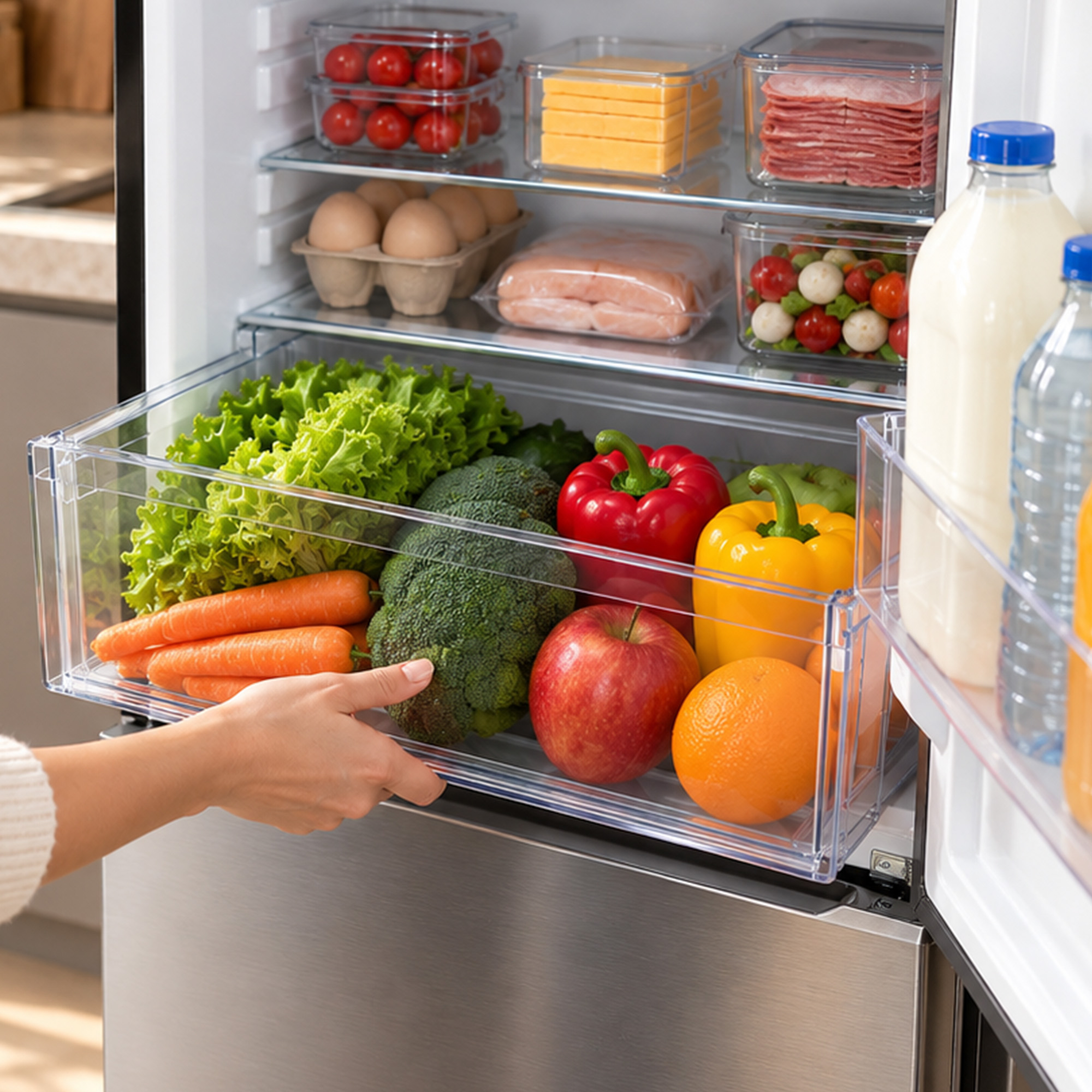 Hand öffnet Kühlschrank-Gemüseschublade mit Salat, Broccoli, Karotten, Paprika und Obst.
