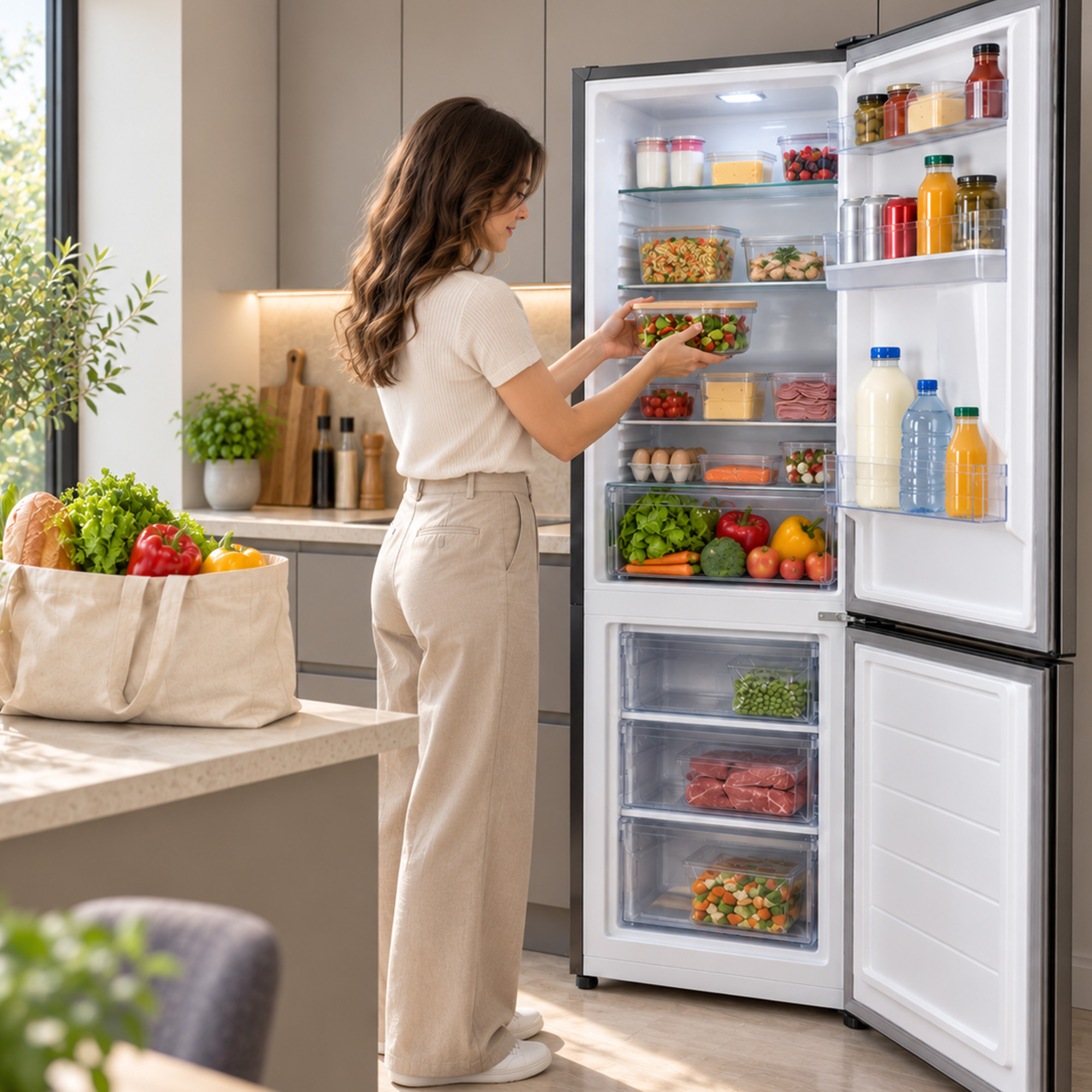 Eine Frau in heller Kleidung stellt einen Salatbehälter in einen vollgepackten Kühlschrank.