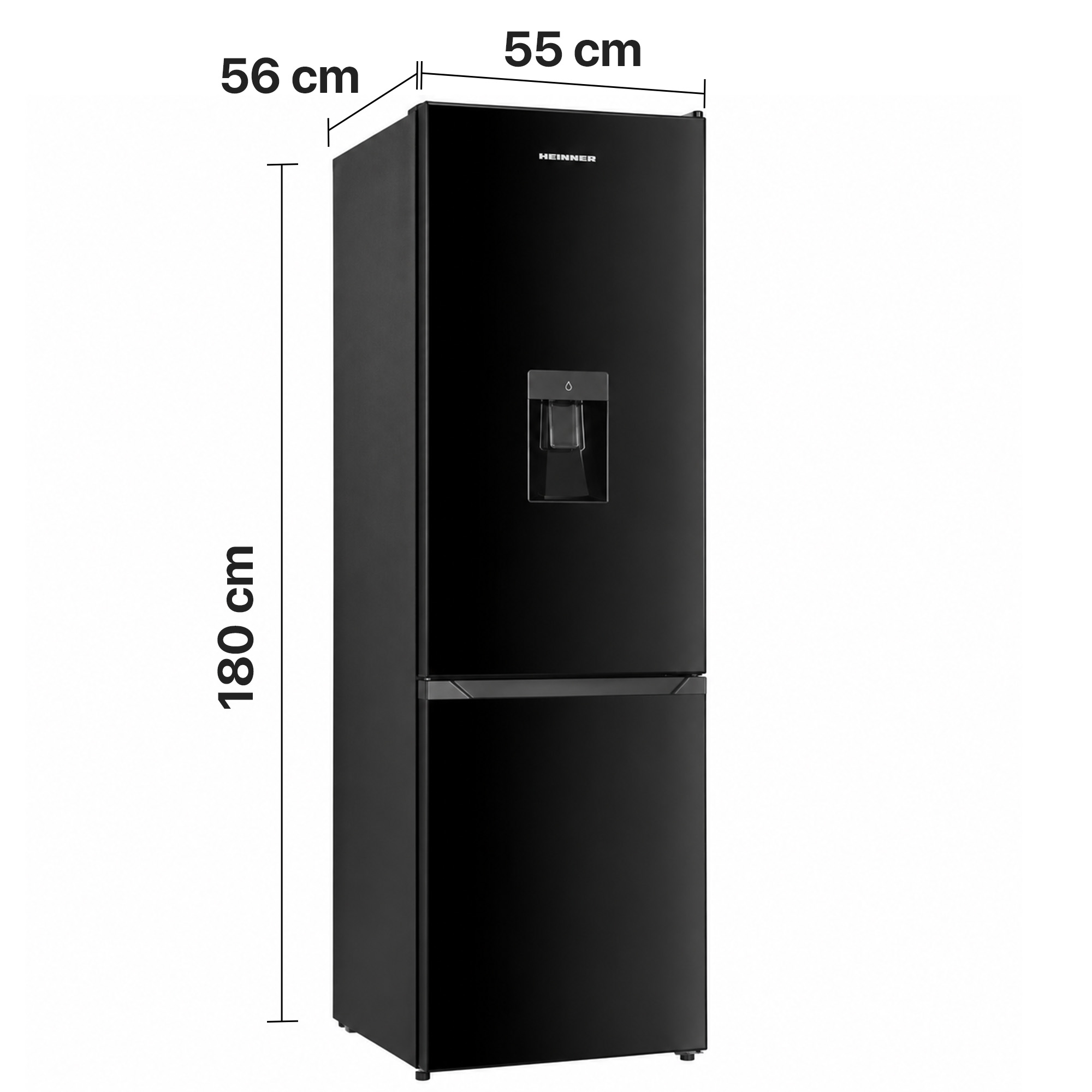 Schwarzer Heinner-Kühlschrank mit Wasserspender, Maße: 180x55x56 cm.