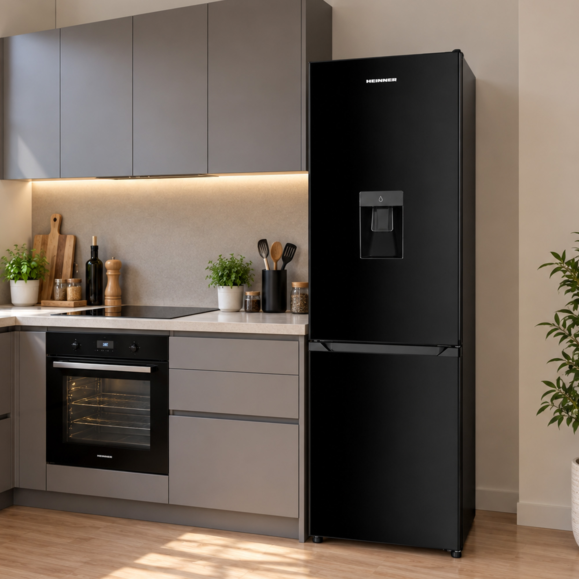 Moderne Küche mit schwarzem Heinner-Kühlschrank, grauen Schränken, Ofen, Arbeitsplatte und Topfpflanzen.