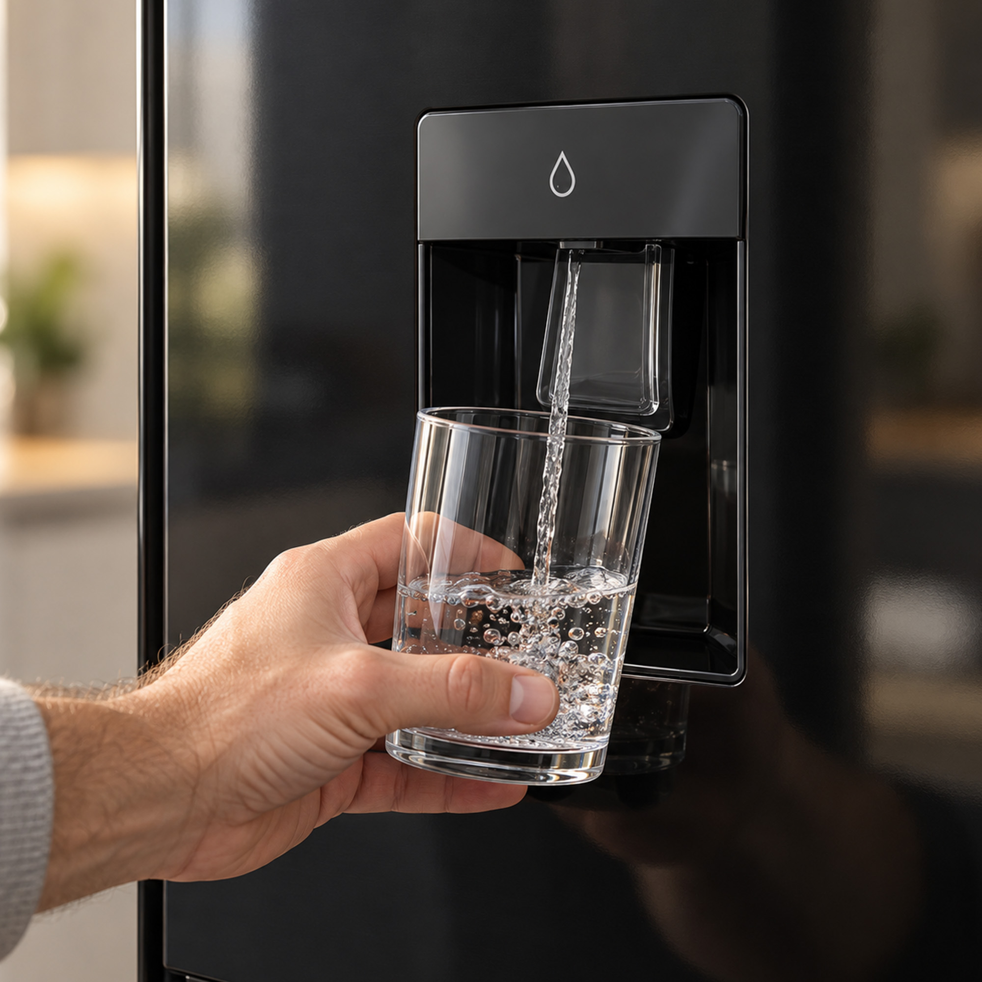 Eine Hand füllt ein Glas mit Wasser aus einem Spender an einem schwarzen Kühlschrank.