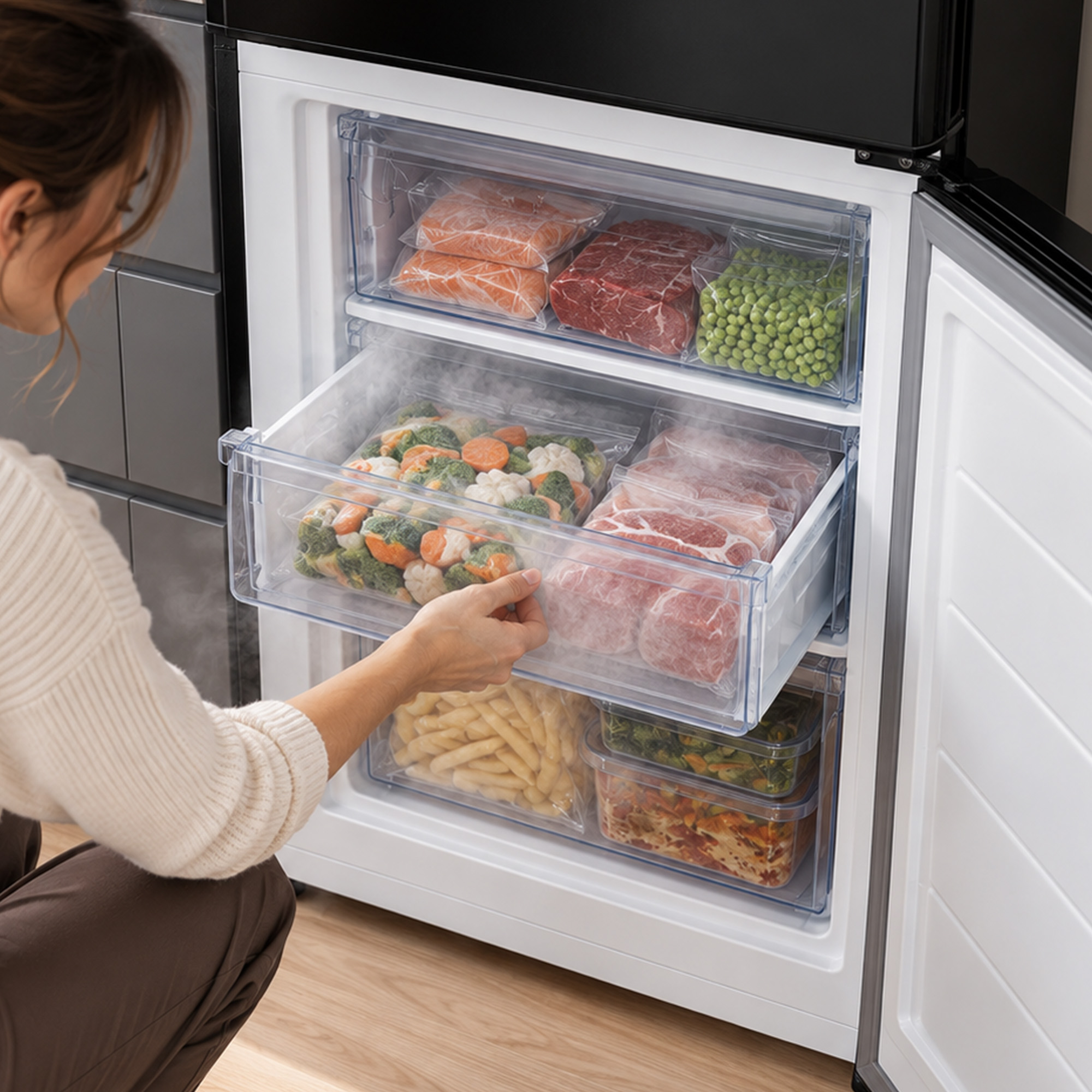 Eine Frau öffnet eine geöffnete Gefrierschublade voller verpacktem Fleisch, Gemüse und Fertiggerichten.