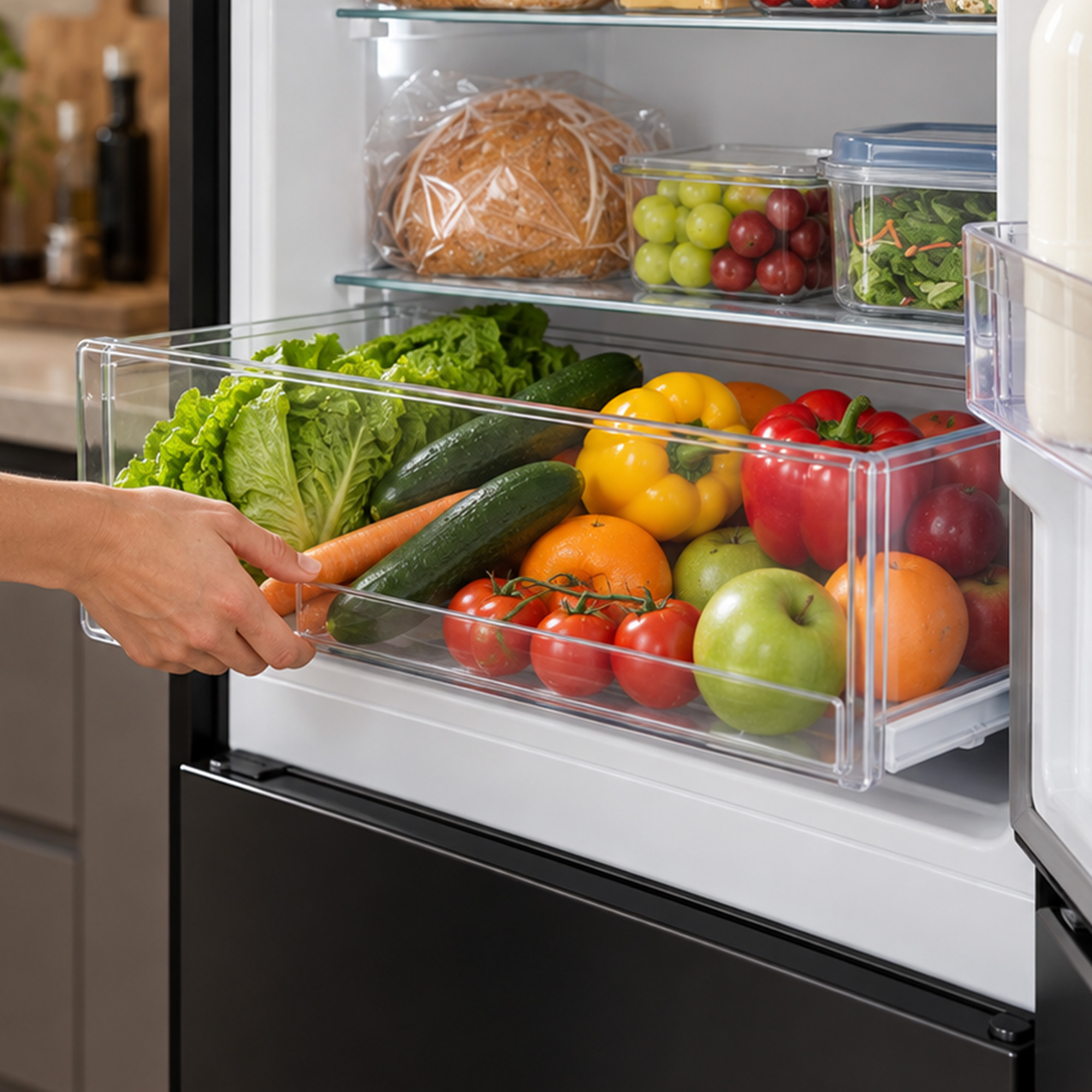 Eine Hand öffnet die transparente Gemüseschublade eines gut gefüllten Kühlschranks mit frischem Obst und Gemüse.