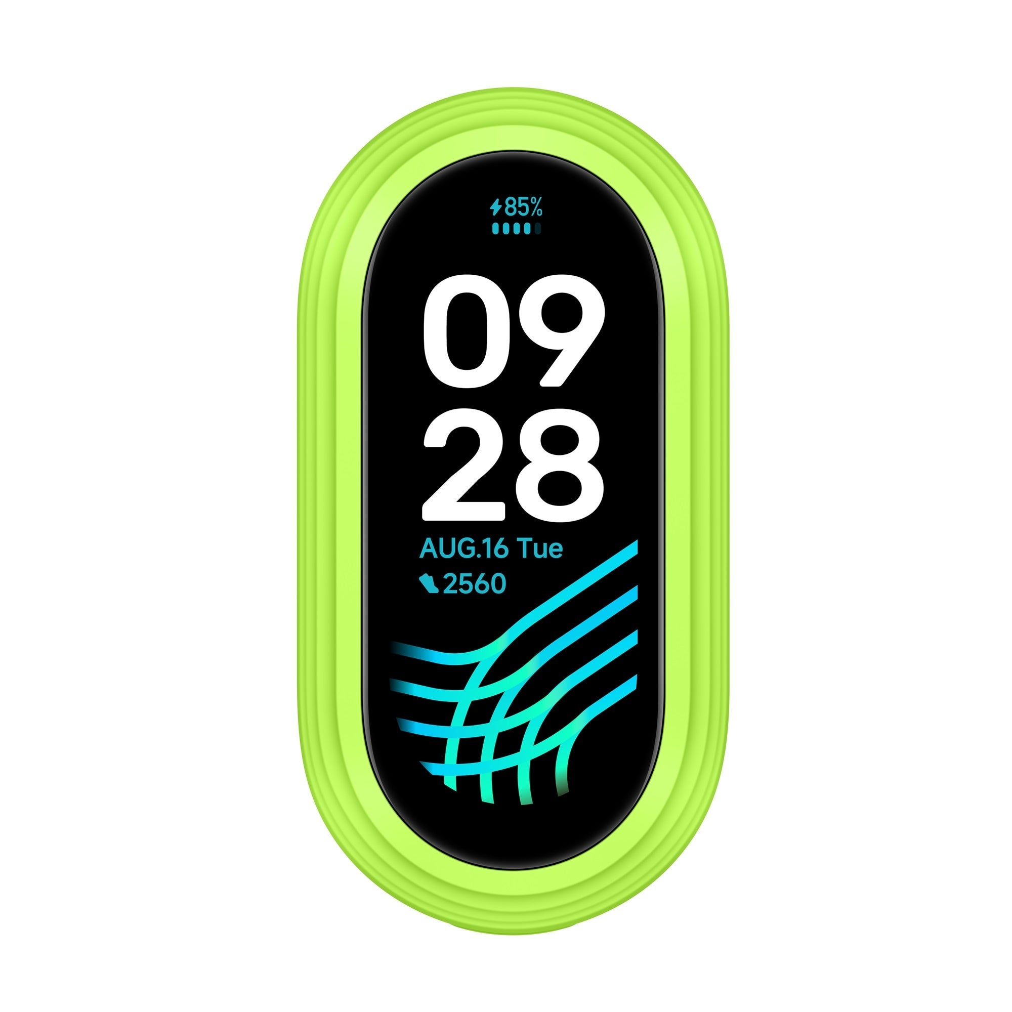 Fitness-Tracker mit leuchtend grünem Armband und schwarzem Display, das Uhrzeit und Datum anzeigt.
