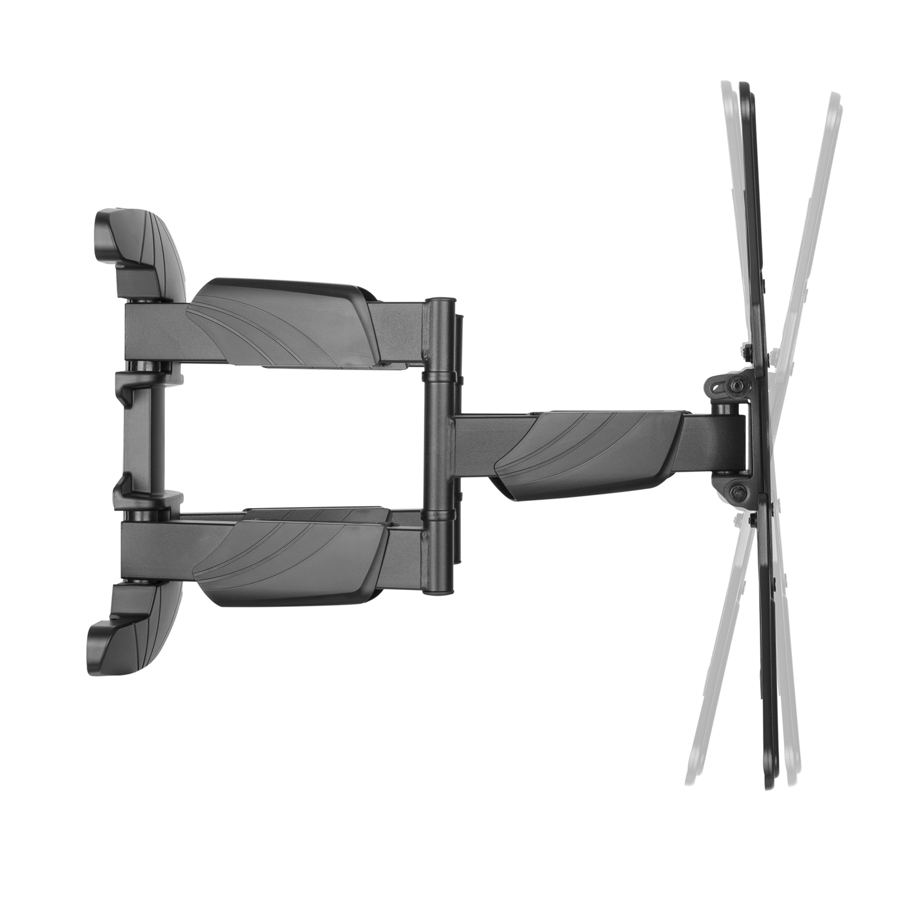 Soporte de pared para TV negro con brazo doble y pantalla ajustable.