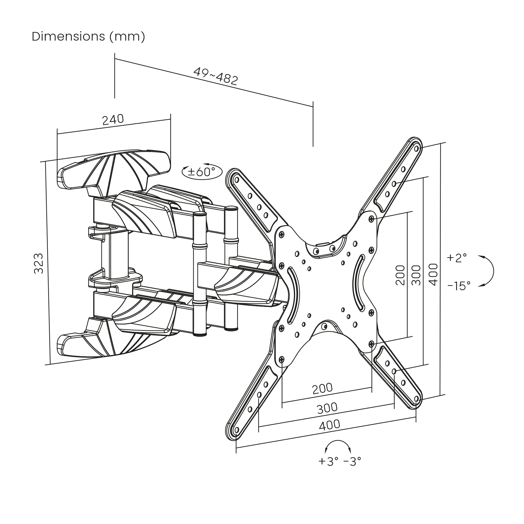 Dibujo técnico de un soporte de TV con dimensiones en milímetros.