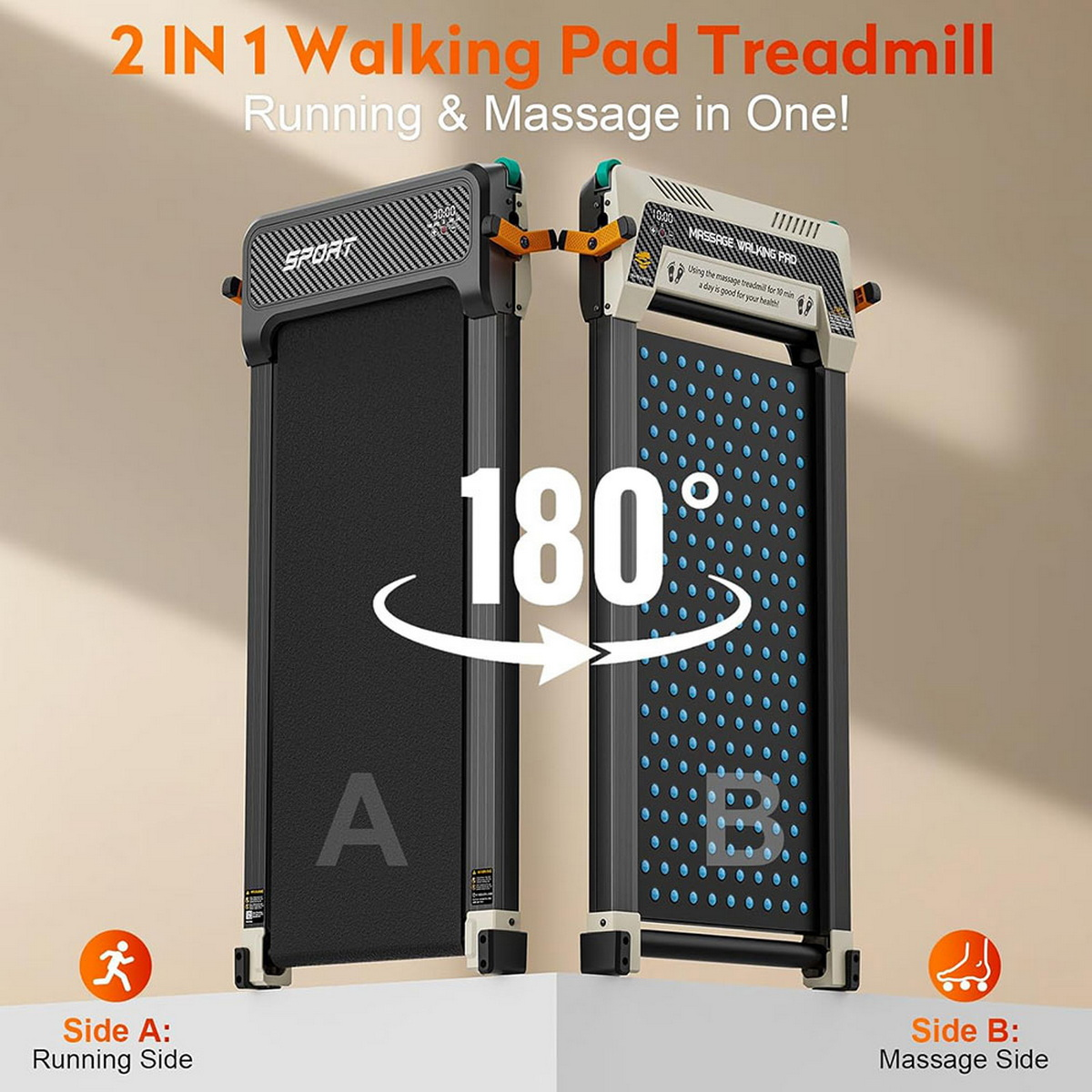 Una caminadora 2 en 1 con un lado de correr A y un lado de masaje B.