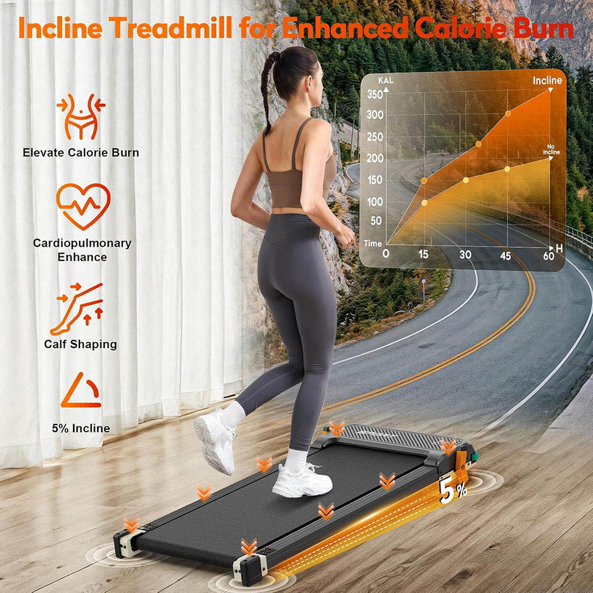 Una mujer corre en una caminadora con un gráfico de fondo de carretera.