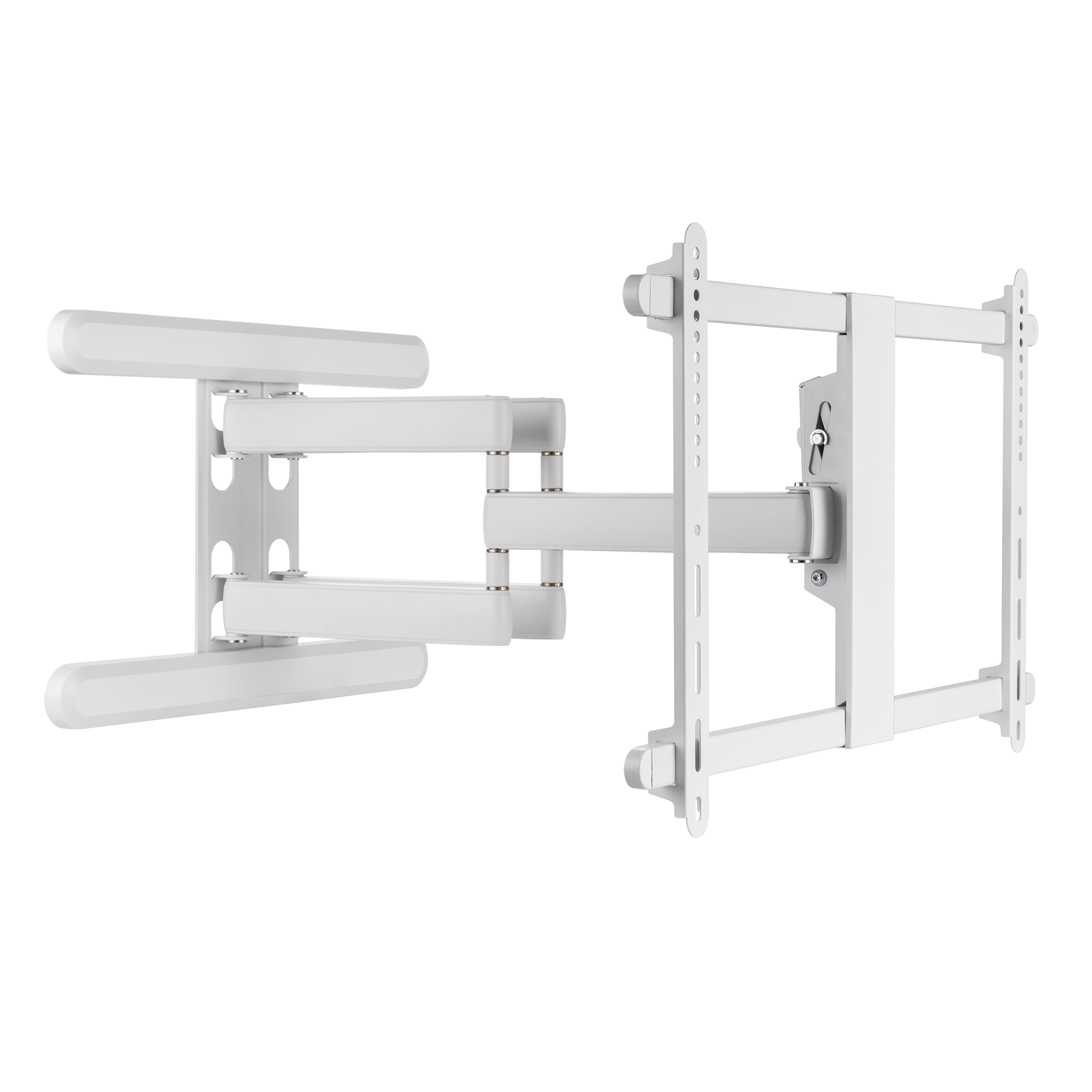 Un soporte de pared para TV blanco y ajustable con brazos dobles sobre fondo blanco.