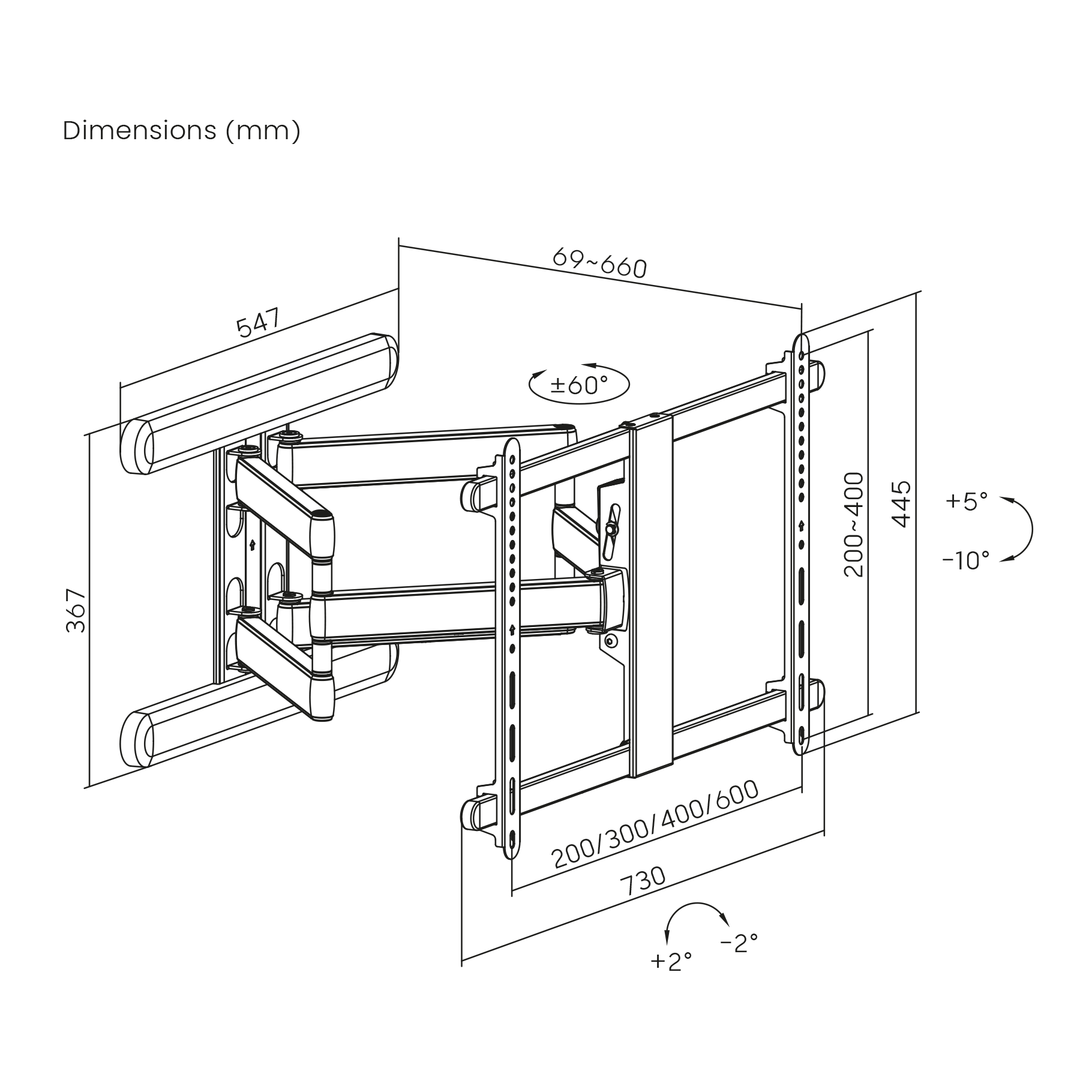 Dibujo técnico en blanco y negro que muestra las dimensiones y ángulos de un soporte de TV articulado.