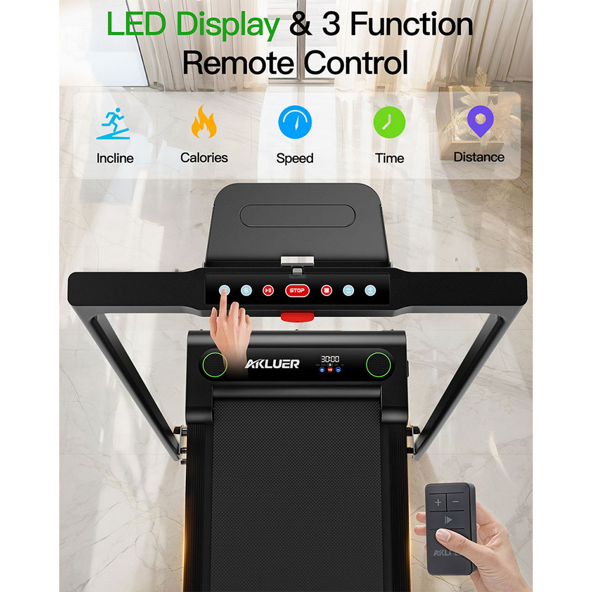 Cinta de correr con pantalla LED, control remoto e iconos de inclinación, calorías, velocidad, tiempo y distancia.