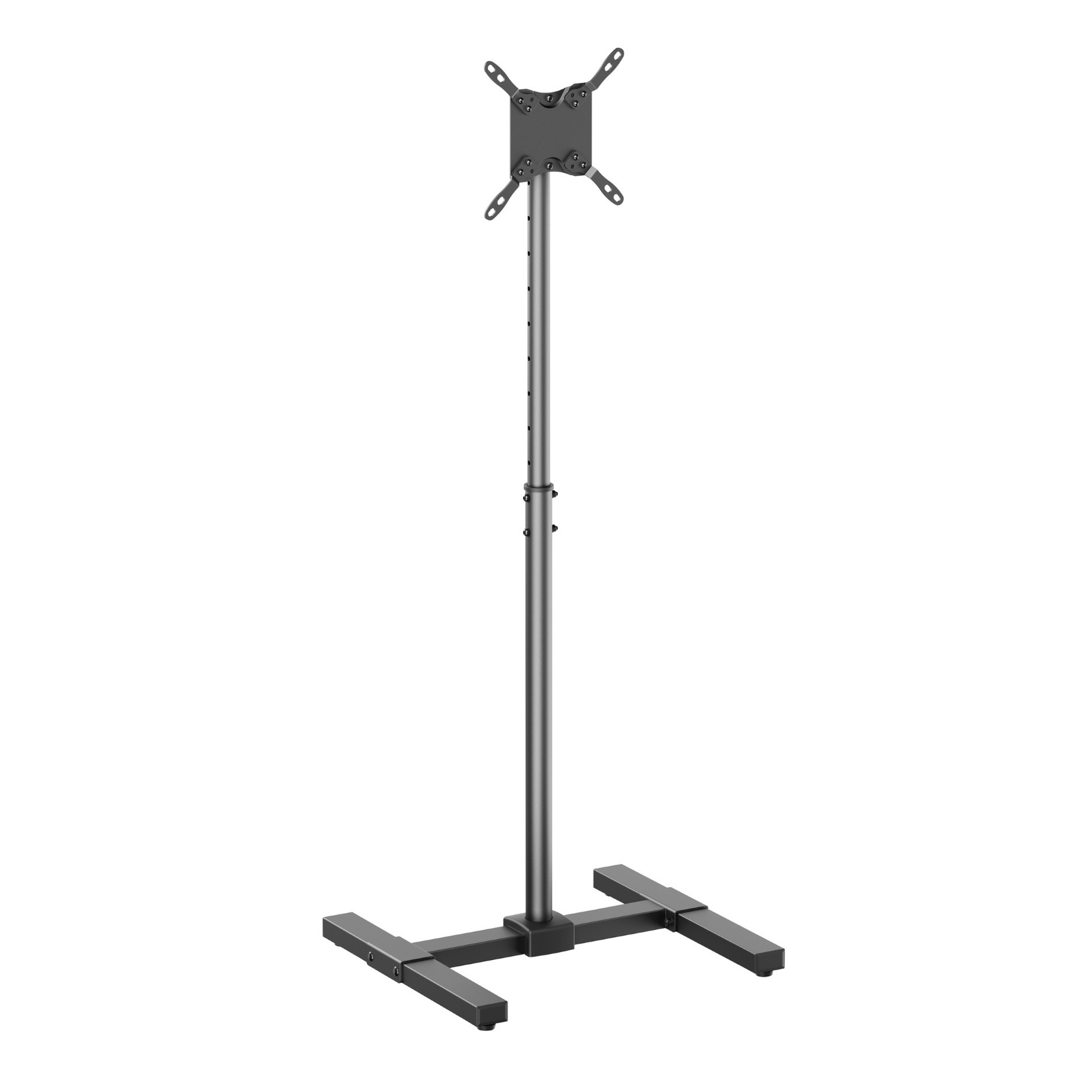 Soporte de suelo para TV de metal negro con base en H y soporte de montaje ajustable.