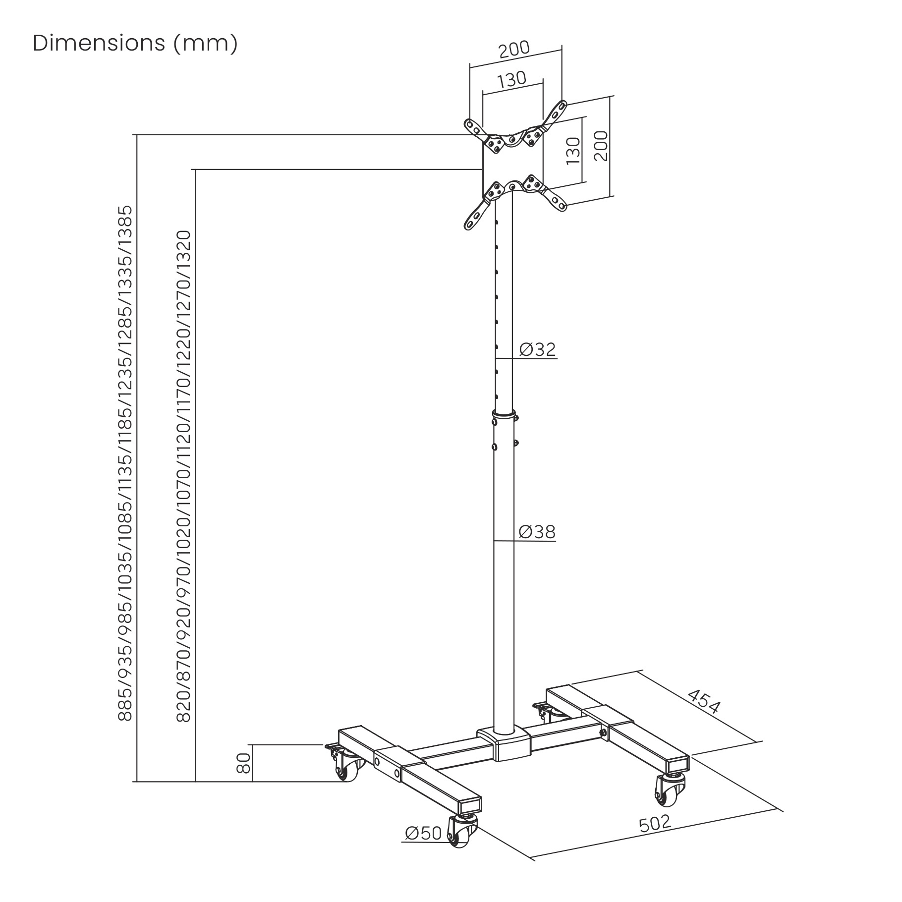 Dibujo lineal de un soporte de TV de pie con dimensiones en milímetros, mostrando altura y base.