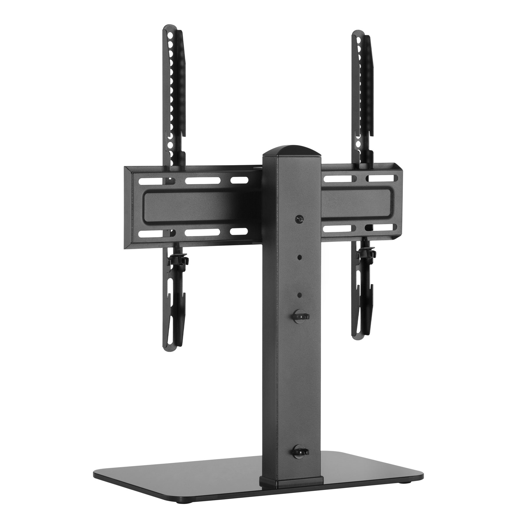 Un soporte de TV negro independiente con rieles de montaje verticales y una base metálica plana.