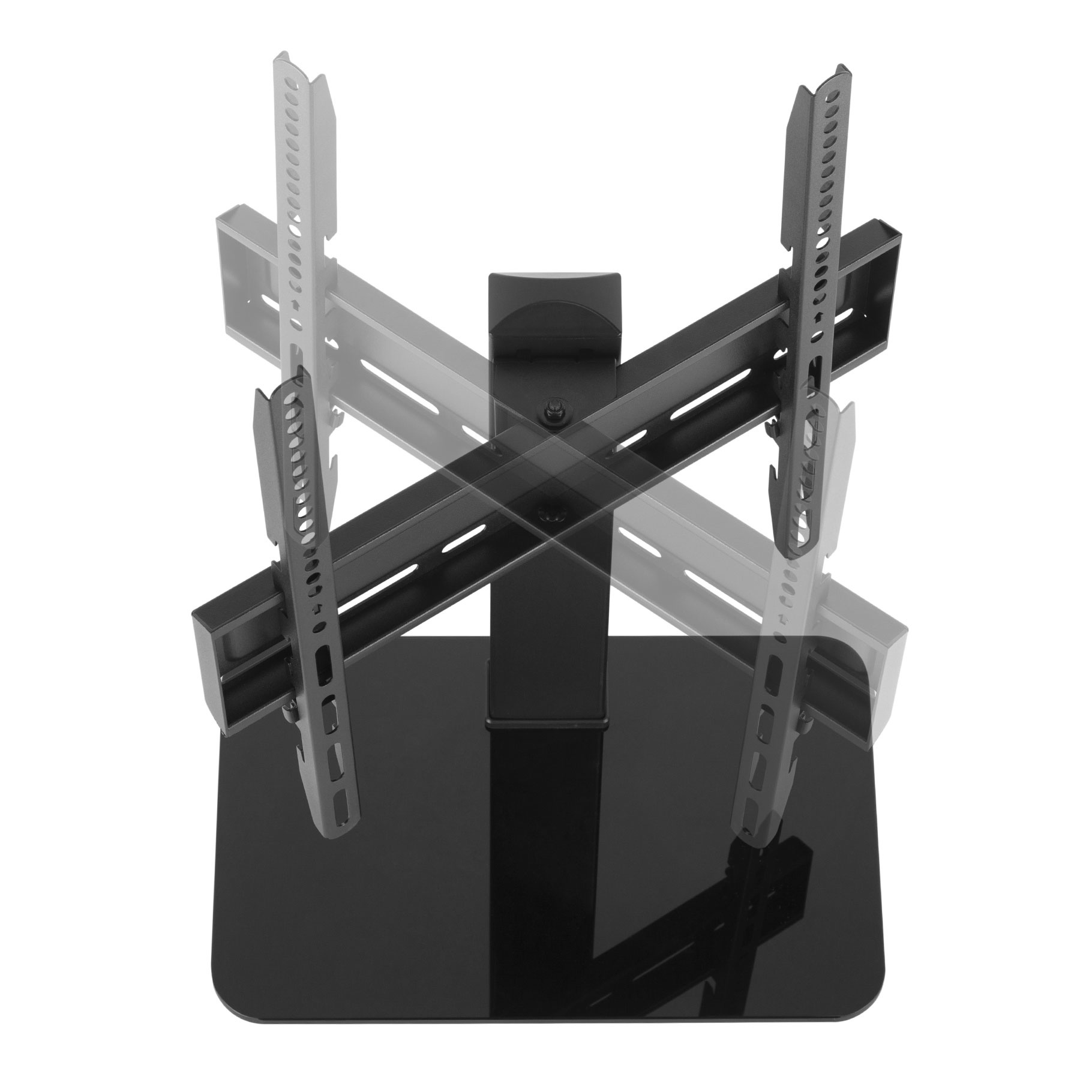 Un soporte para TV negro con un sistema de soporte ajustable que muestra varias posiciones.