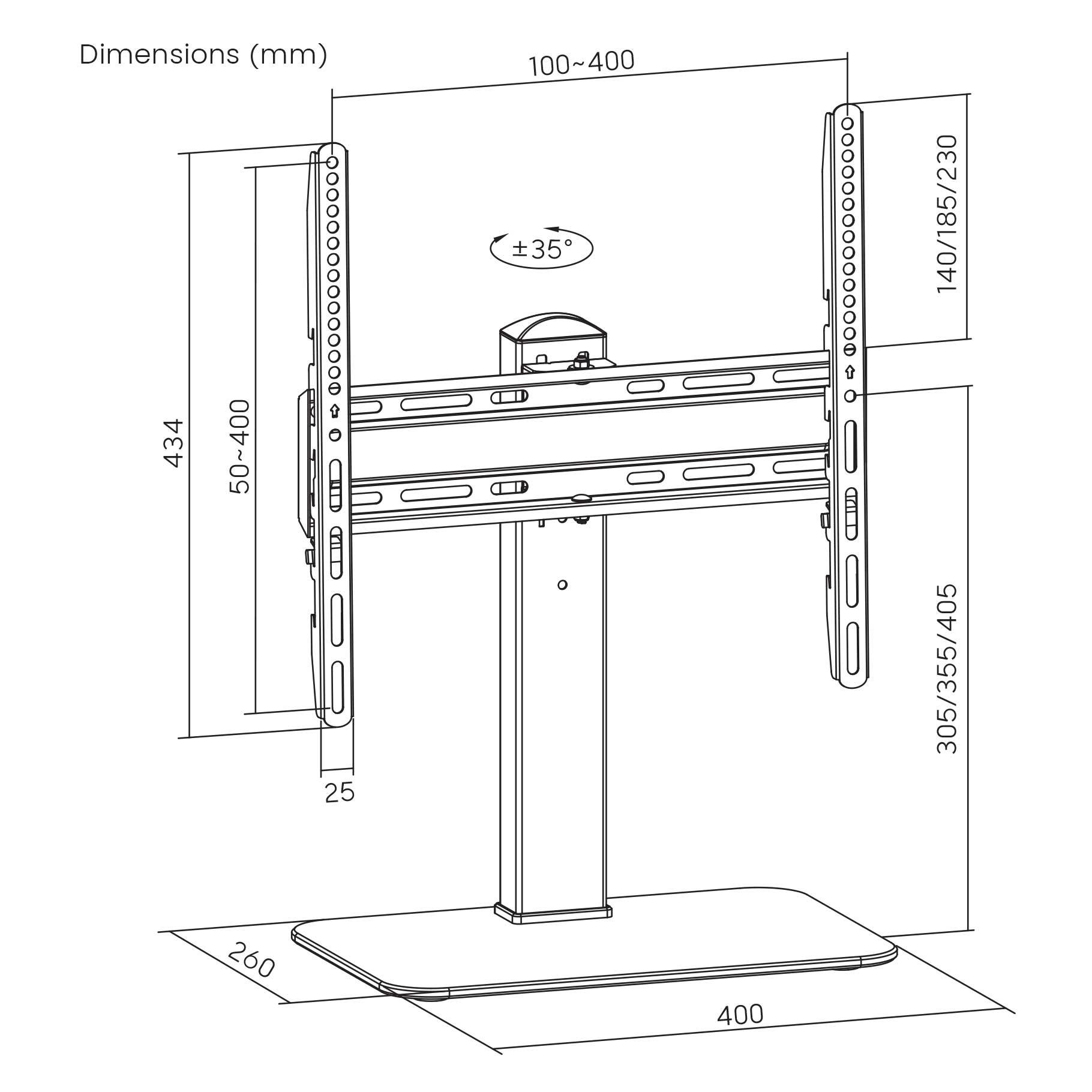 Dibujo técnico de un soporte de TV con dimensiones en milímetros.
